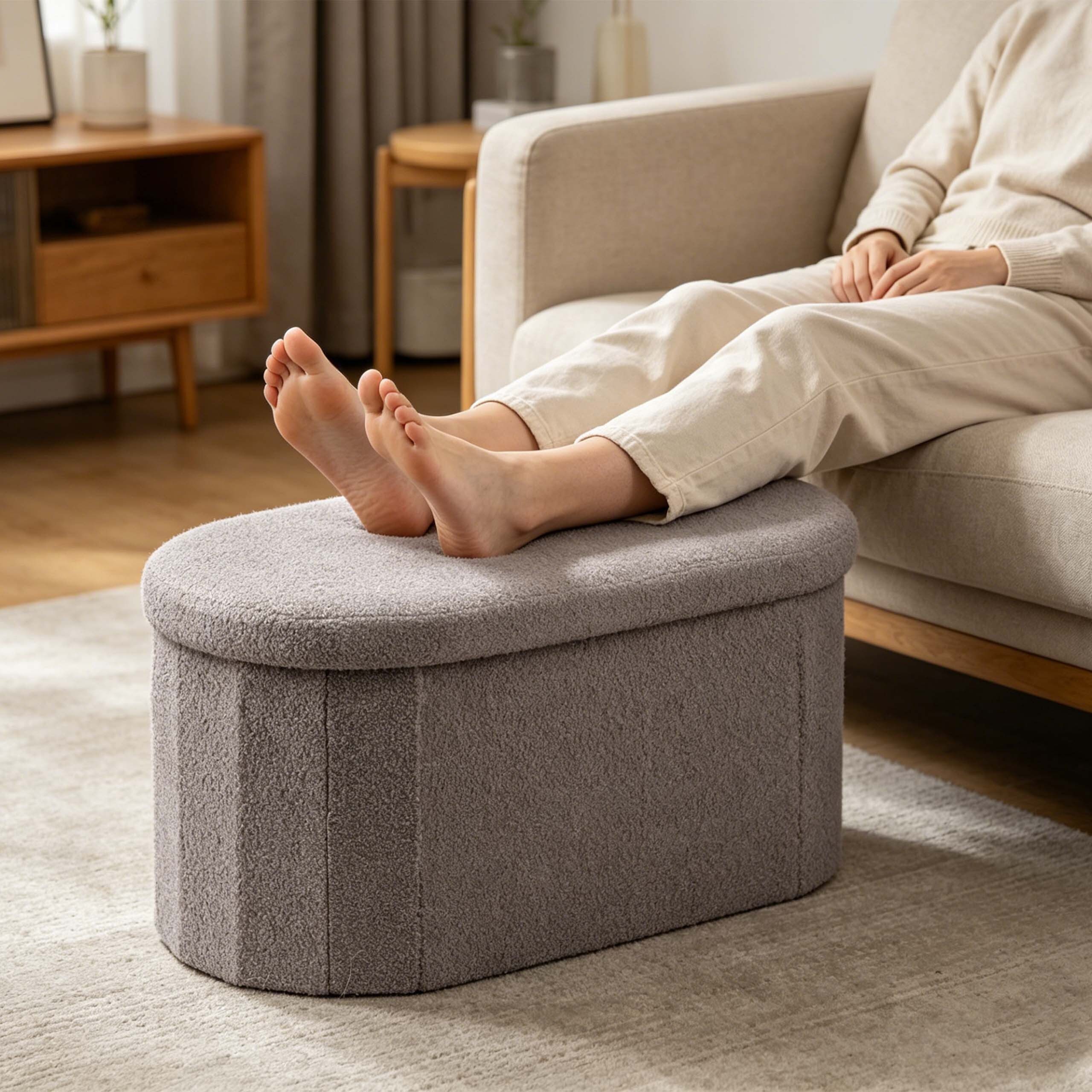 relaxdays Sitztruhe Sitzbank aus Teddystoff (1-St), Dunkelgrau – Bild 3 von 5