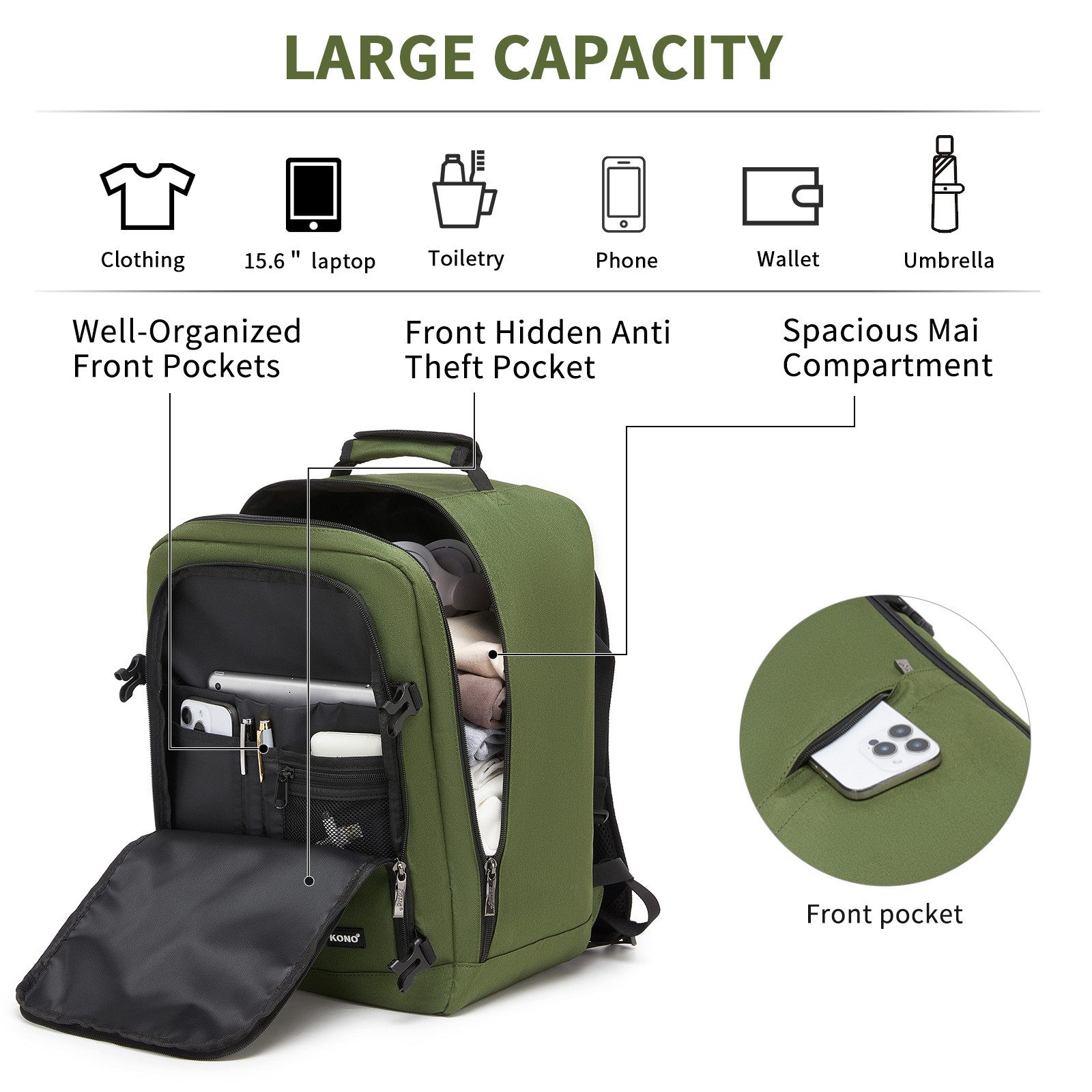 KONO Rucksack Ryanair-Kabinentasche – Handgepäckrucksack, Maße 40 x 30 x 20 cm – Bild 5 von 5