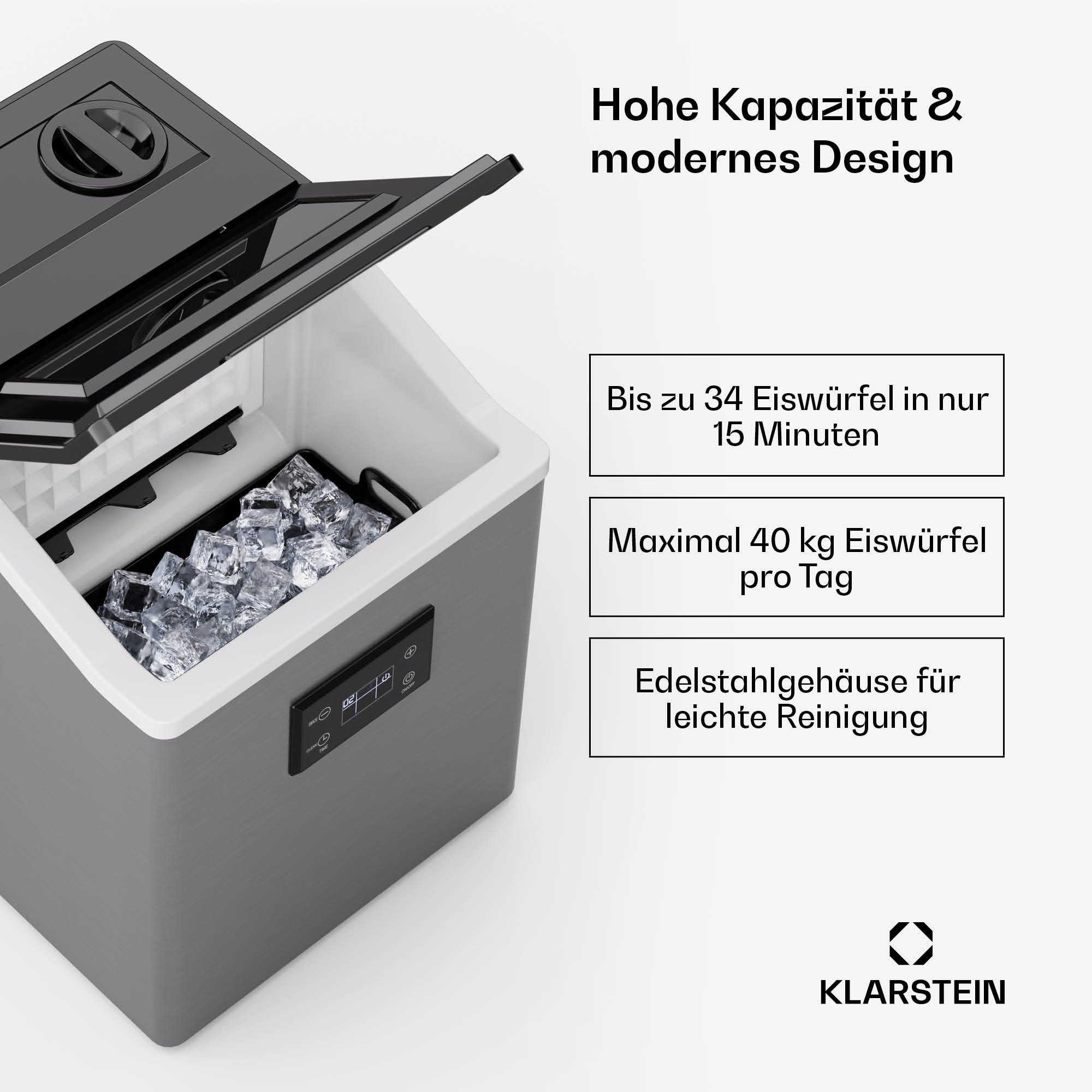 Klarstein Eiswürfelmaschine FrostMaster Ice Maker 40 kg/24h Edelstahl LED 3L Tank Eisschaufel, Eiswürfelbereiter Eiswürfelmaschine elektrisch mit Selbstreinigung