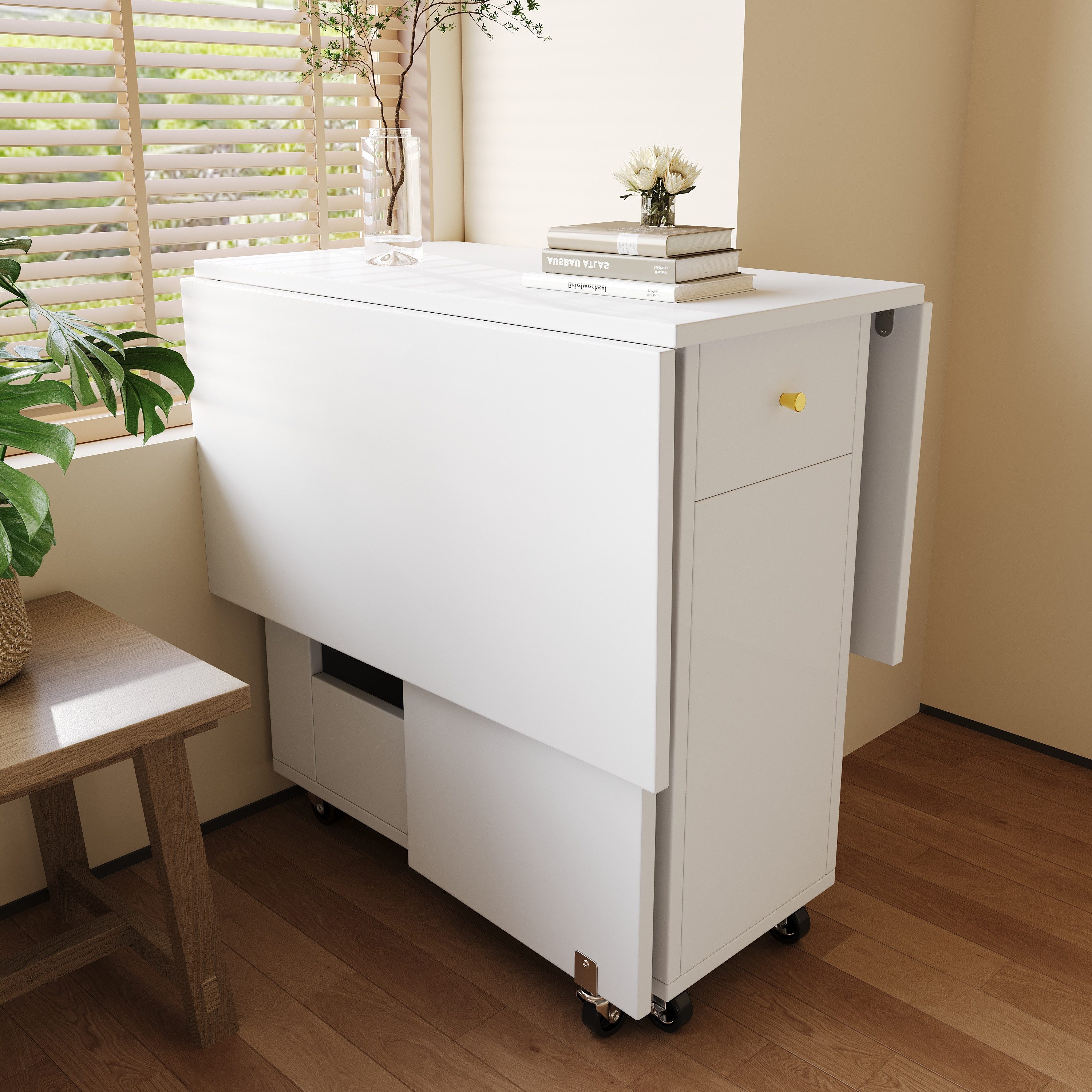 Odikalo Esstisch Küchentisch mit Stauraum & bremsbaren Rollen (120 x 75 x 75 cm), mobile Küchenarbeitsfläche, für 2-4 Personen, mit offenem Stauraum, 2 Schubladen, bremsbaren Rollen, ideal für Küche, Wohnzimmer, Esszimmer)
