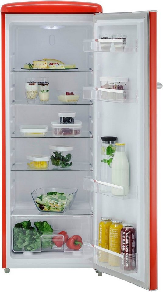 exquisit Kühlschrank RKS325-V-H-160F rot, 144 cm hoch, 55 cm breit, 229 L  Volumen, Türablagen - einfaches Verstauen verschiedener Lebensmittel
