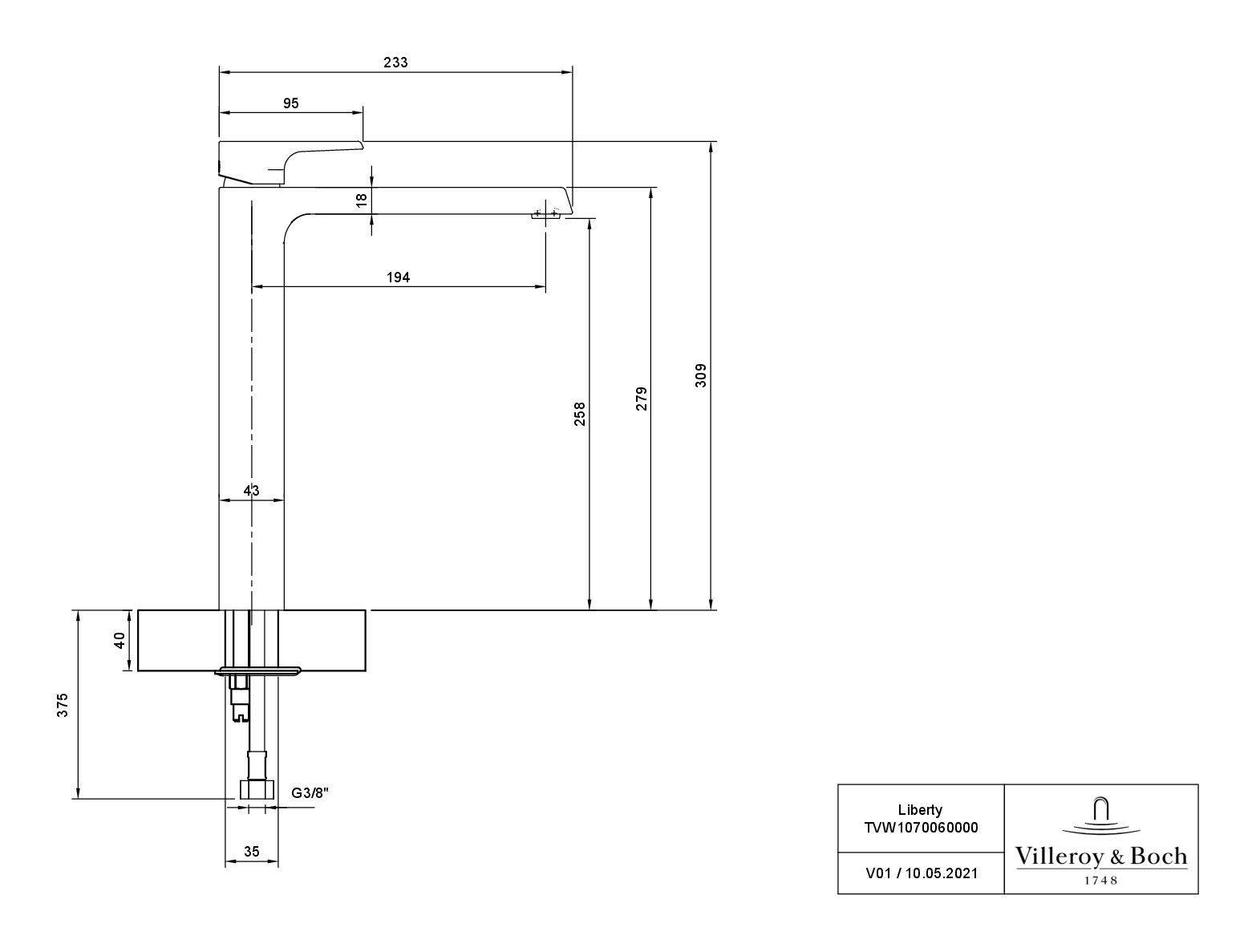 Villeroy & Boch Ablaufgarnitur, Standmontage Einhebel, ohne 258 - Waschtischarmatur Liberty Chrom