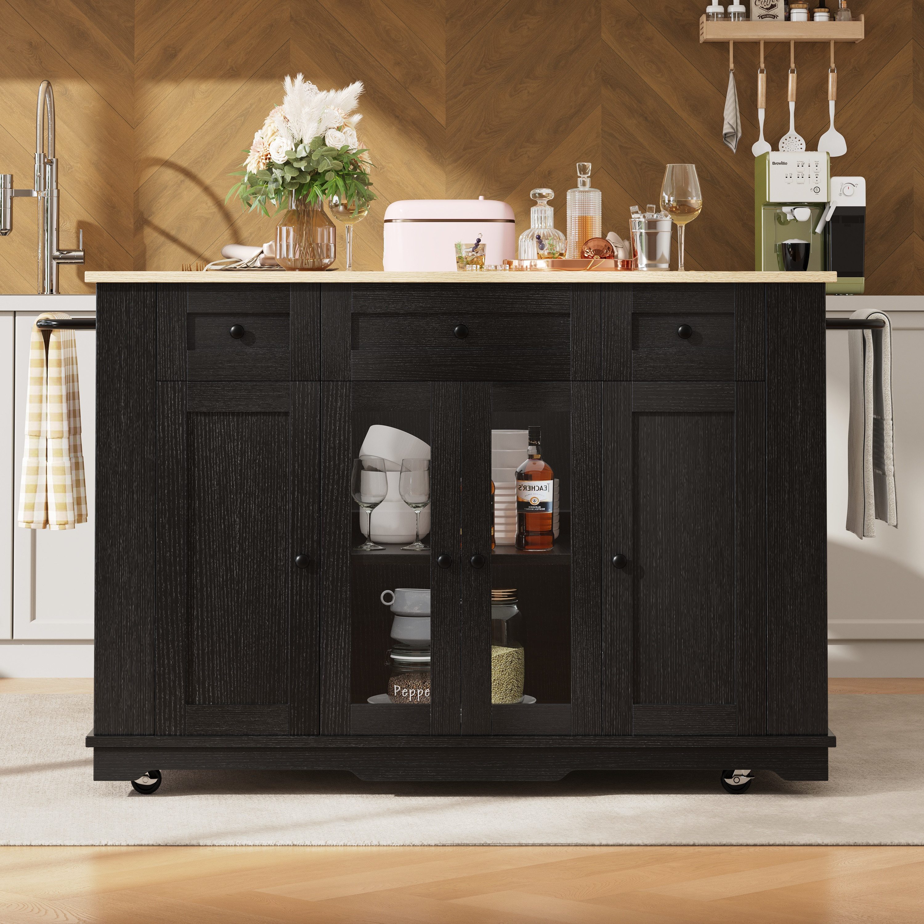 Flieks Küchenwagen Kücheninsel mit klappbare Tischplatte Tiefe 60-85cm, (1 St), Küchenschrank mit Schubladen und Glastüren Buffetschrank
