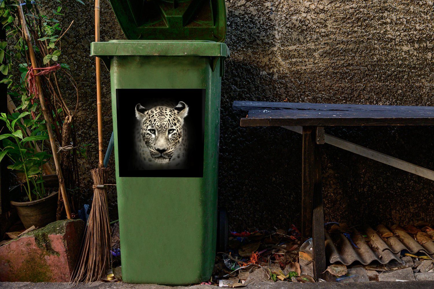 - Container, MuchoWow Wandsticker Sticker, Mülleimer-aufkleber, St), Abfalbehälter - (1 Tiere Leopard Schwarz Mülltonne,
