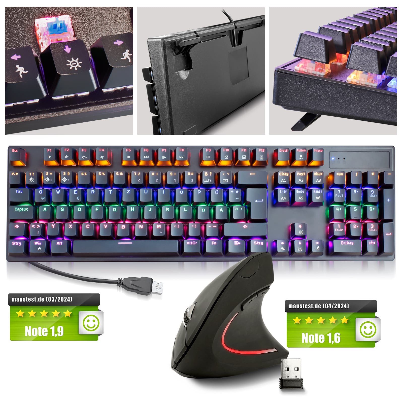 EAXUS Mechanische Gaming Tastatur + Ergonon Vertikale Hochkantmaus Tastatur- und Maus-Set, (Set aus Tastatur + Maus), ergonomische Maus