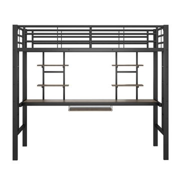 Ulife Hochbett Schwarz Metallbett mit Schreibtisch und 2 Bücherregalen ohne Stuhl 90x200cm