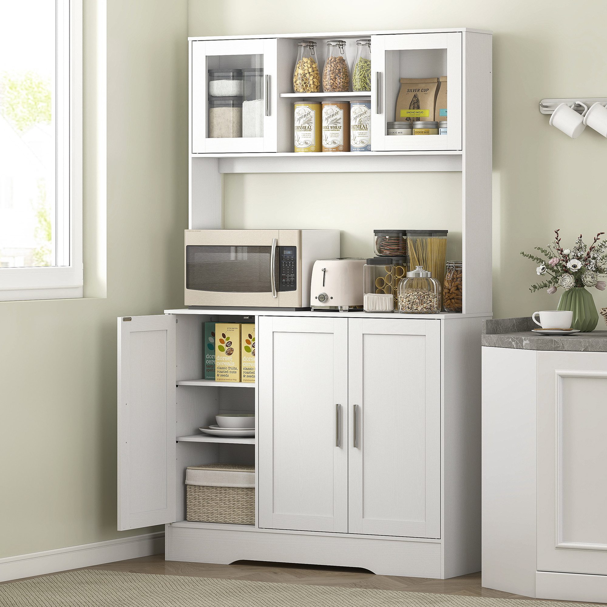 HOMCOM Küchenbuffet Hochschrank mit Arbeitsplatte, Vorratsschrank mit Glastüren (Aufbewahrungsschrank, 1-St., Küchenschrank) Skandinavisches Design, Weiß