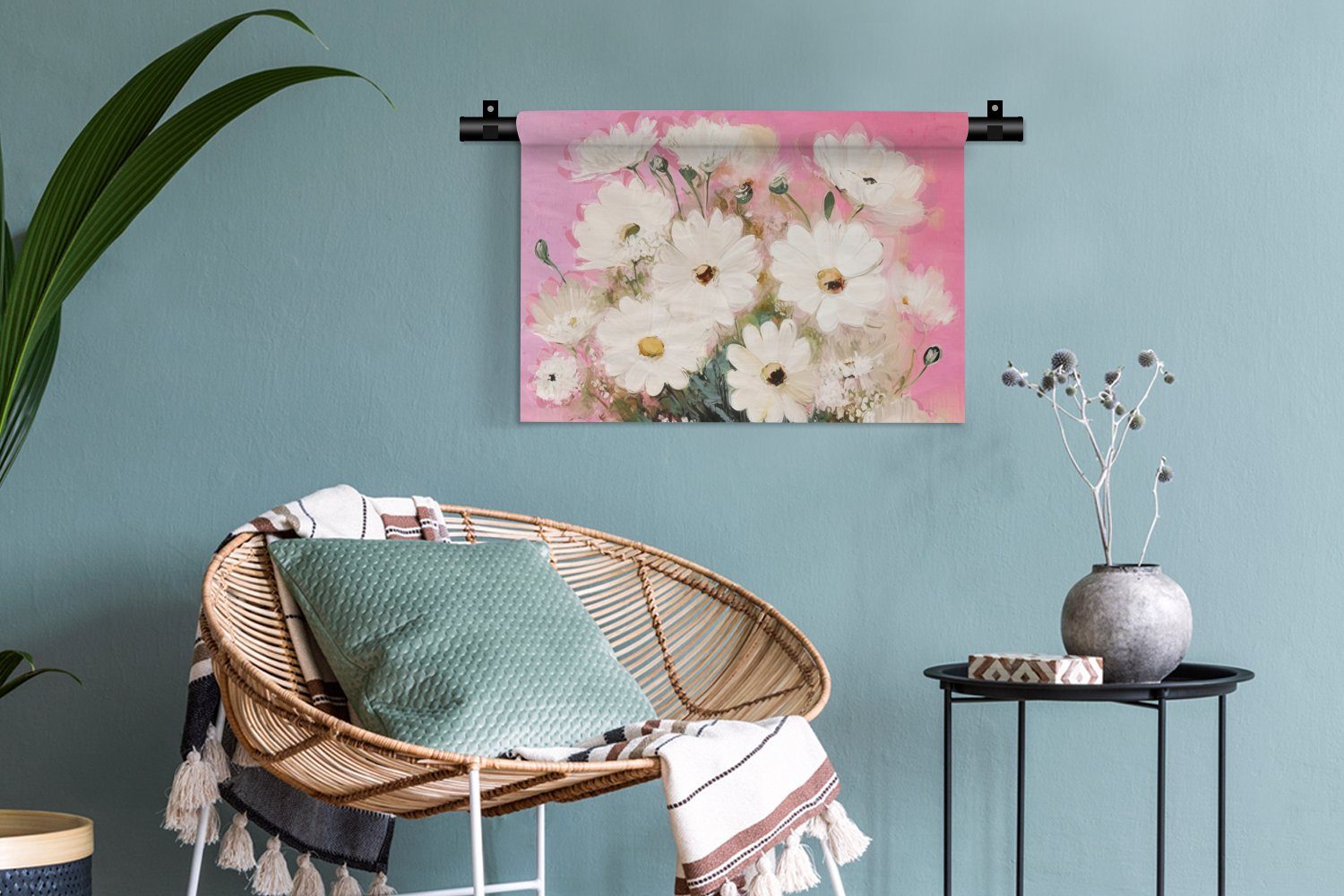 Blumen Weiß, Wohnzimmer, - - Wanddekoobjekt für Wandbehang, Kleid, Pflanzen - Wanddeko Schlafzimmer, Vase MuchoWow Kinderzimmer