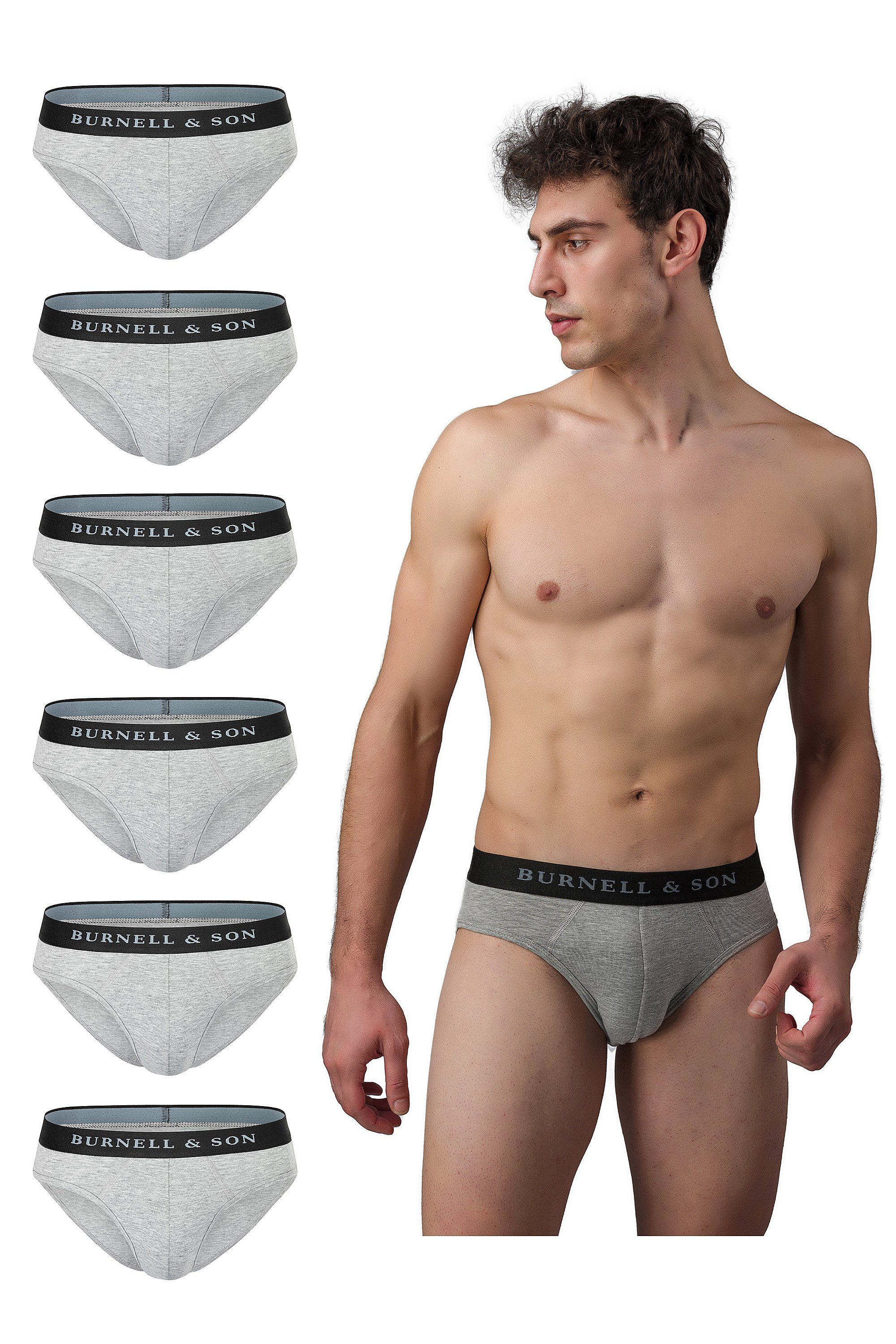 Burnell & Son Slip Herrenslips Unterhosen für Herren (Packung, Set, Spar-Pack, Spar-Packung, 6-St., 6er-Pack) aus Baumwolle mit Komfortbund Grau