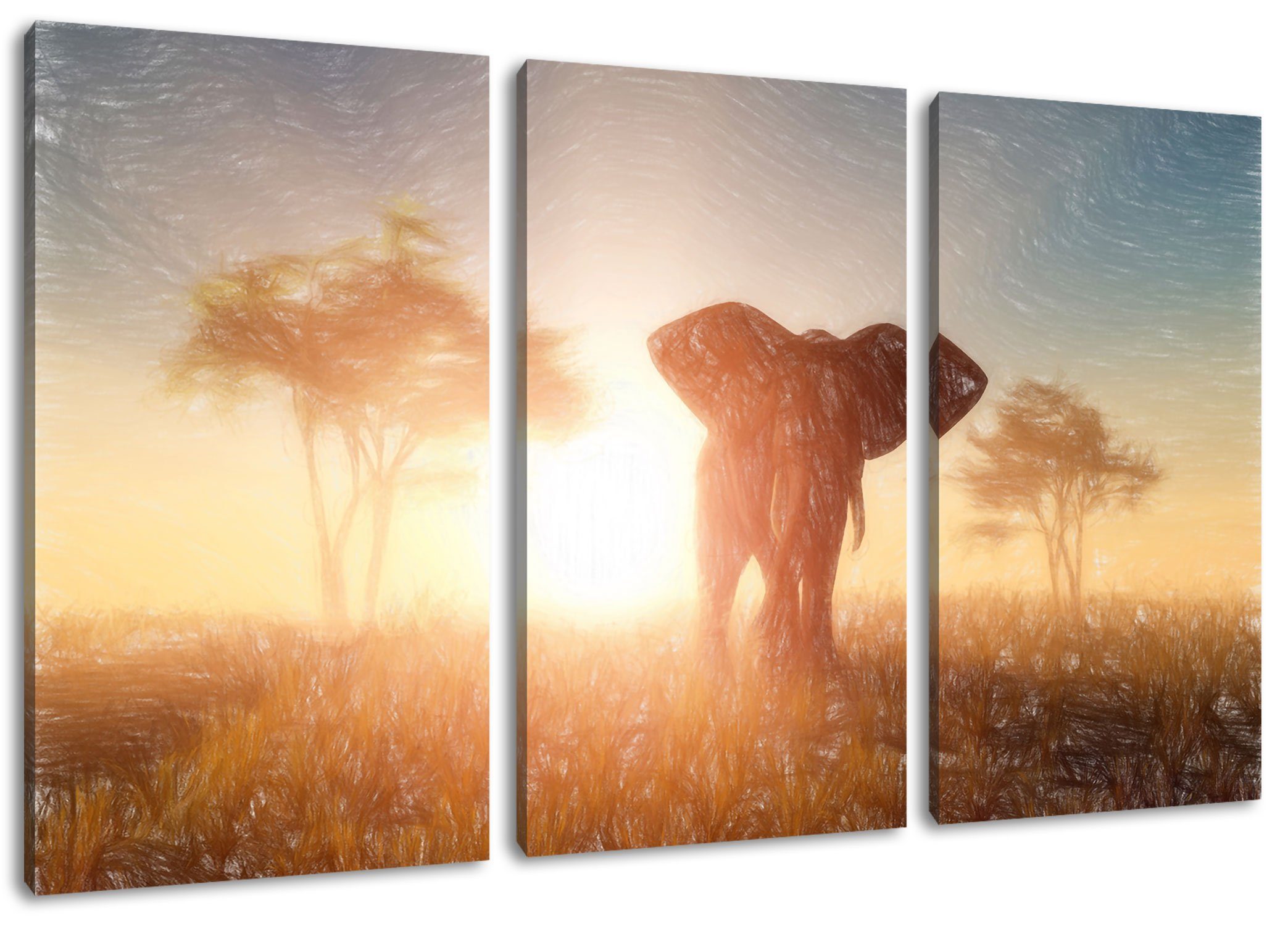 in Wüste der Leinwandbild in inkl. 3Teiler St), Pixxprint fertig Elefant Zackenaufhänger Leinwandbild der (1 bespannt, Elefant Wüste, (120x80cm)