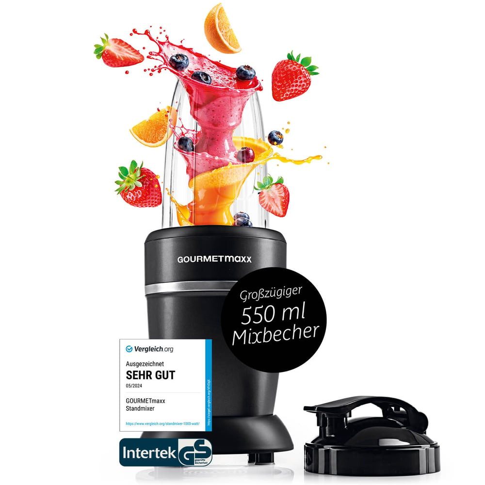 GOURMETmaxx Standmixer Mixer Becher 500ml 3-tlg. 1000W schwarz/Edelstahl, 1000 W, Shakes Smoothies Cocktails Dips Pesto pürieren zerkleinern mahlen