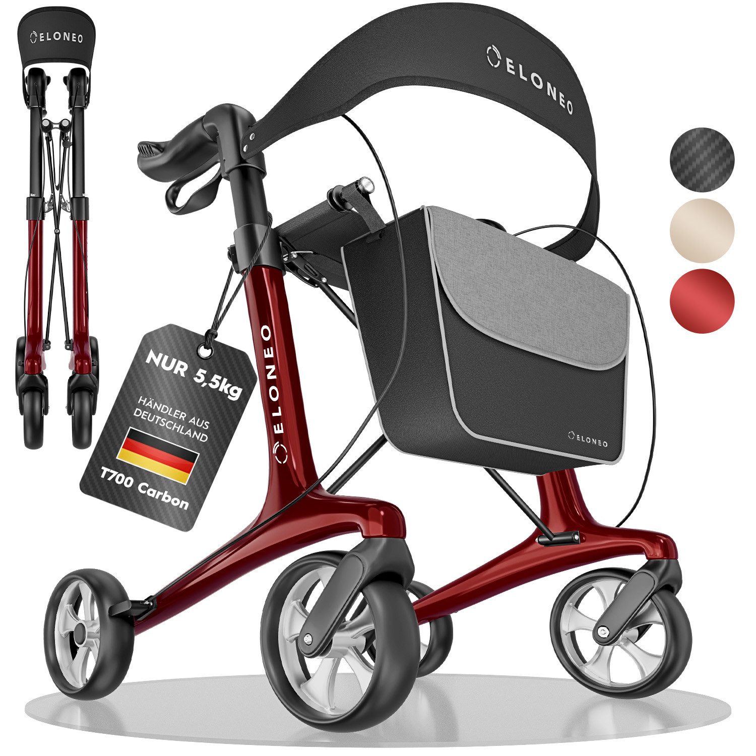 ELONEO Rollator aus Carbon, ultraleicht, faltbar, mit Sitz, Faltbarer Rollator mit Sitz, Rückenlehne, Tasche & Gehstockhalter