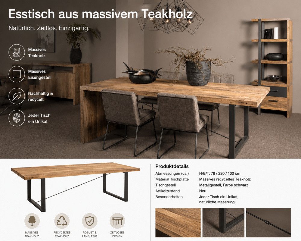 Wohnpalast Esstisch Lucca Esstisch aus Teakholz Metall/Holz Gestell 220 cm