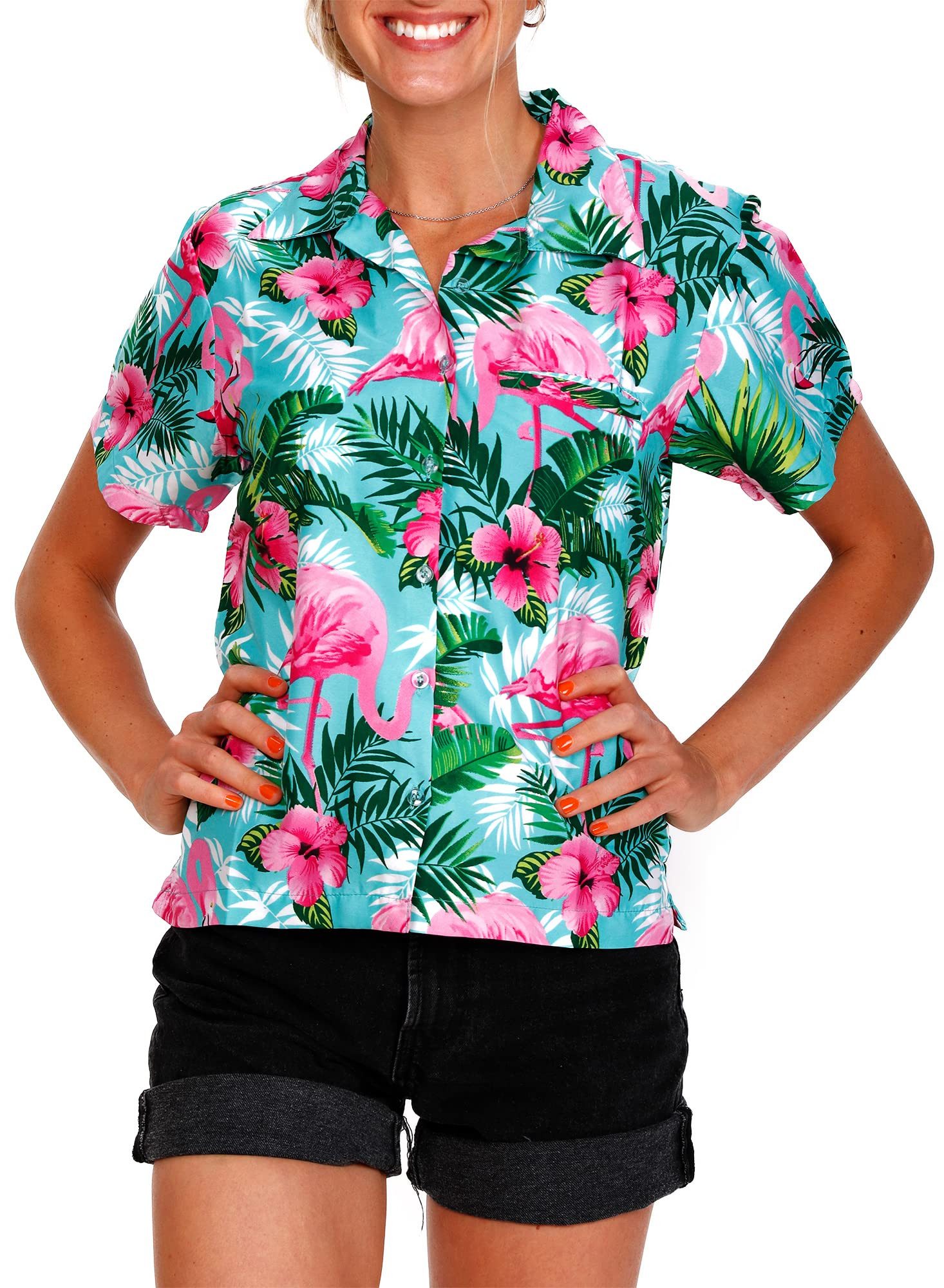 King Kameha Hawaiihemd Flamingo Flowers Funky Hawaiibluse Damen Kurzarm Front-Tasche Stylish