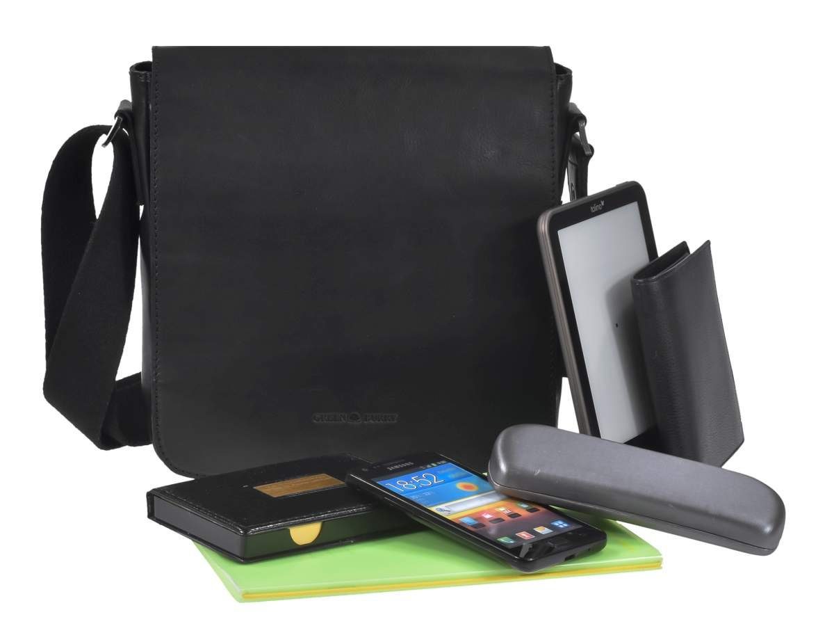 Greenburry Umhängetasche Pure Black, kleine Schultertasche 24x23cm, Reißverschlussfächer, Leder schwarz