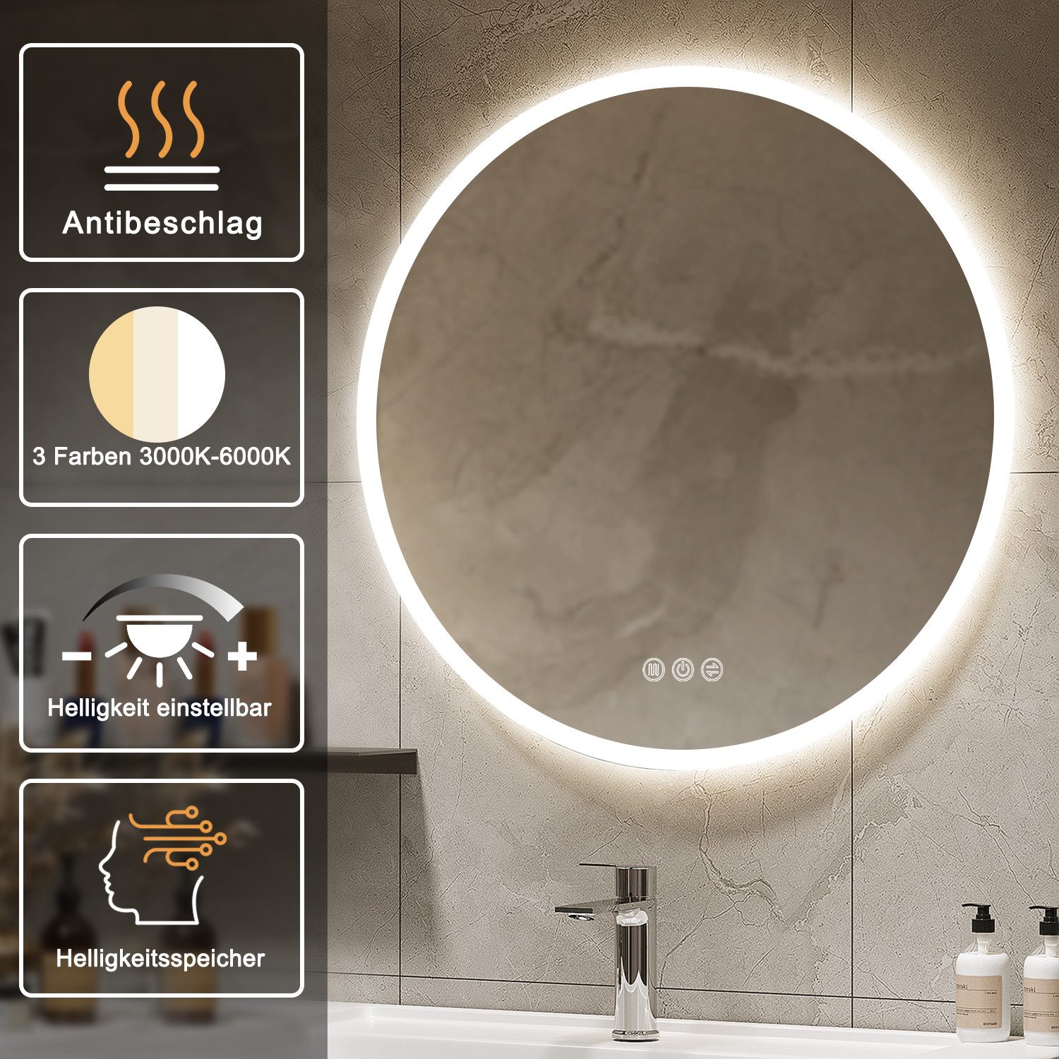JDONG Badspiegel mit Beleuchtung Rund 80/100cm (Gehärtetes Glas Explosionsschutz, Touch-Schalter, 3 Lichtfarbe Einstellbare Spiegel Bad mit Beleuchtung), Dimmbar, Memory-Funktion, Spiegelheizung,Antibeschlag