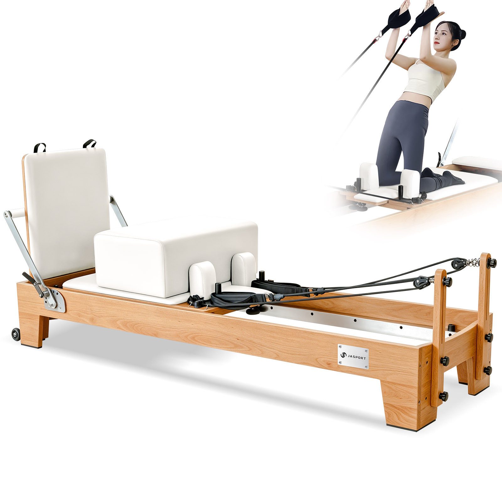 JASPORT Pilates-Reformer Hochwertige Holz-Reformer Serie für Pilates-Studios, (Komplettset mit 6 Federn, Sitzbox, Jumpboard und Fußschlaufen), Für Heimtraining und professionelle Studios geeignet