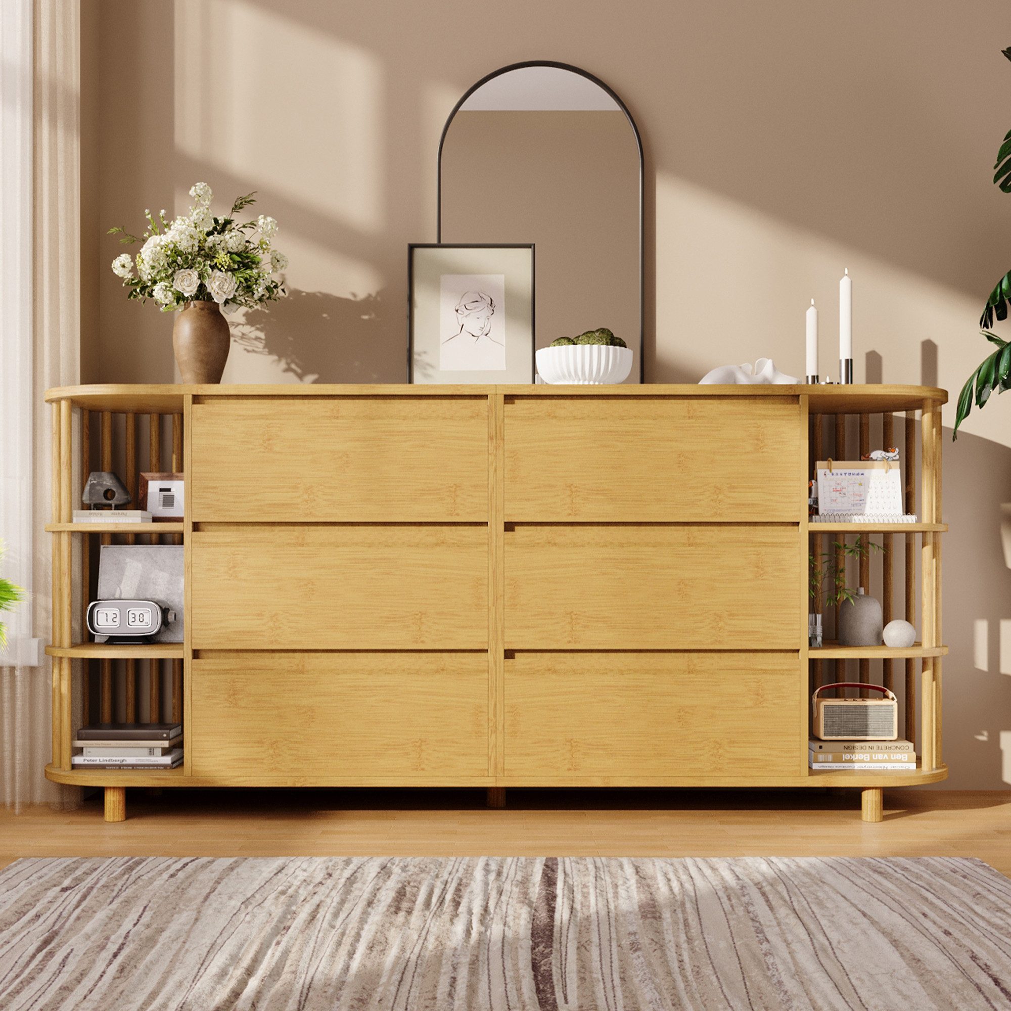 Flieks Kommode mit 6 Schubladen und offenen Regalen (Mit verstellbaren Fußpolstern, 1 St., H75/B160/T40 cm), oval Sideboard Mehrzweckschrank Holzschrank in Landhausstil