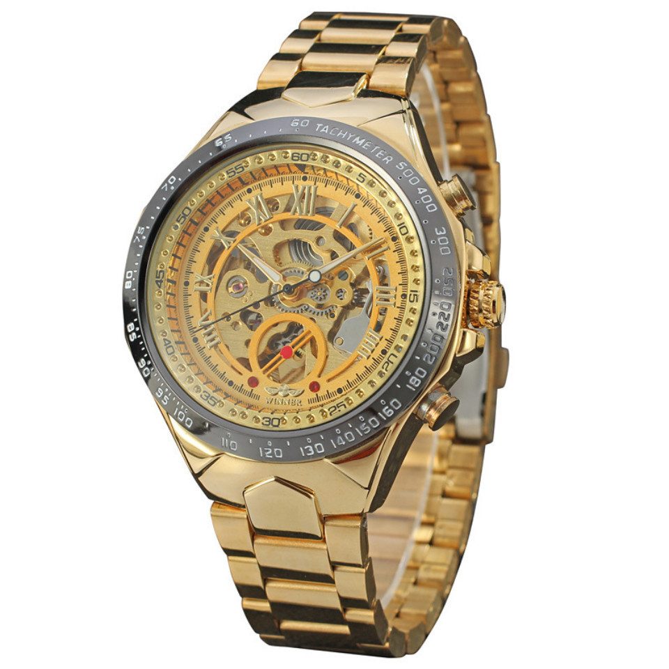 Rötting Design Automatikuhr Herrenuhr Armbanduhr Skelett goldfarbenes Ziffernblatt, Skelett Ziffernblatt