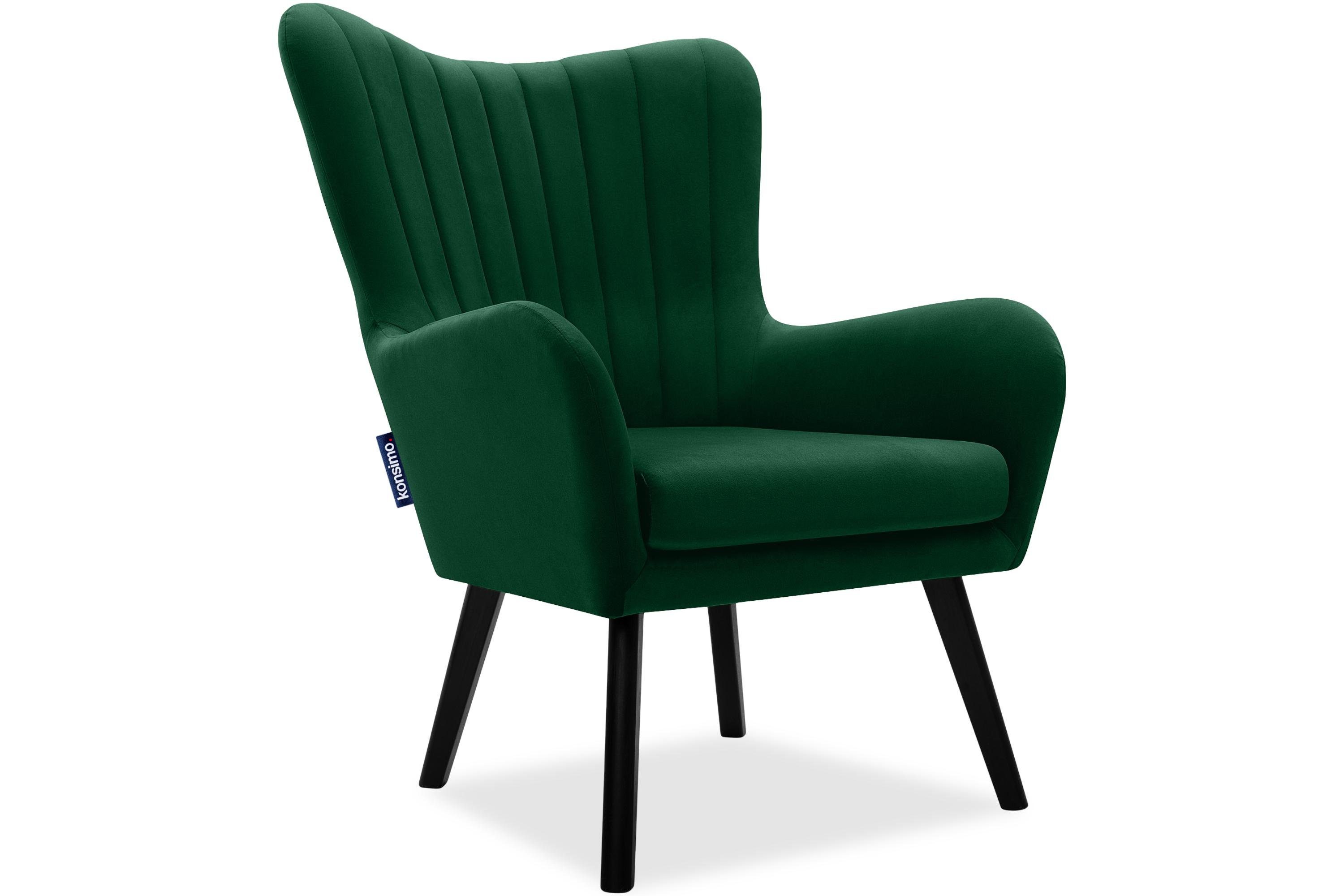 Konsimo Ohrensessel GADI, Velourstoff, PUR-Schaum im Sitz, Schwarz lackierte Holzbeine dunkelgrün | dunkelgrün