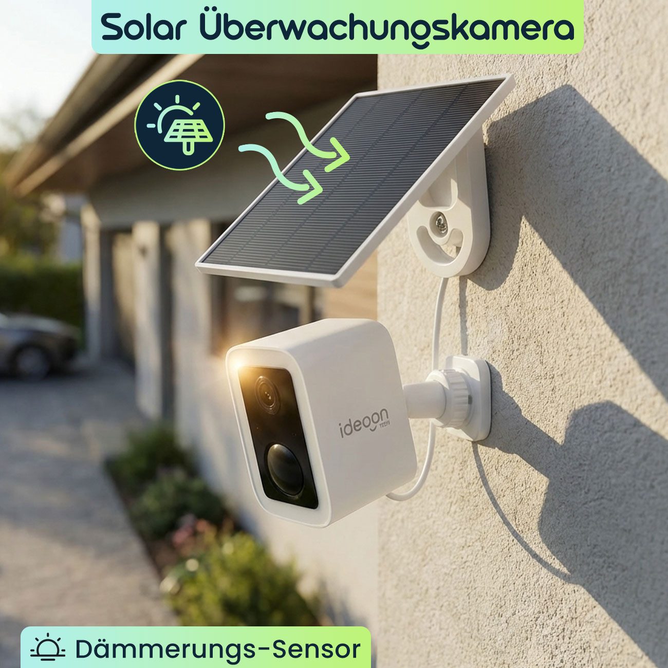 shop'n smile ideoon Überwachungskamera WLAN Solar Überwachungskamera 3MP IP66 App PIR Funkkamera Weiß (Außen, mit Solarpanel Intercom-Funktion Blickwinkel 110° Dämmerungs-Sensor)