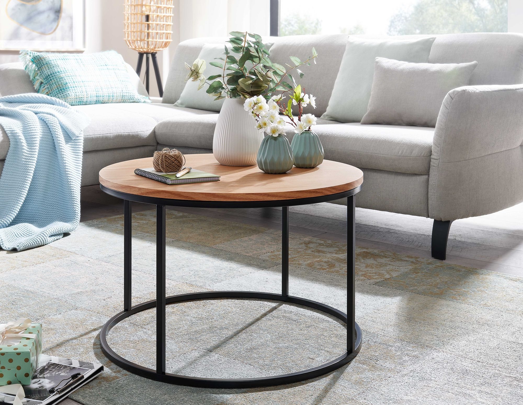 FINEBUY Couchtisch Couchtisch rund 70cm Skandinavisches Eiche Design Wohnzi günstig online kaufen