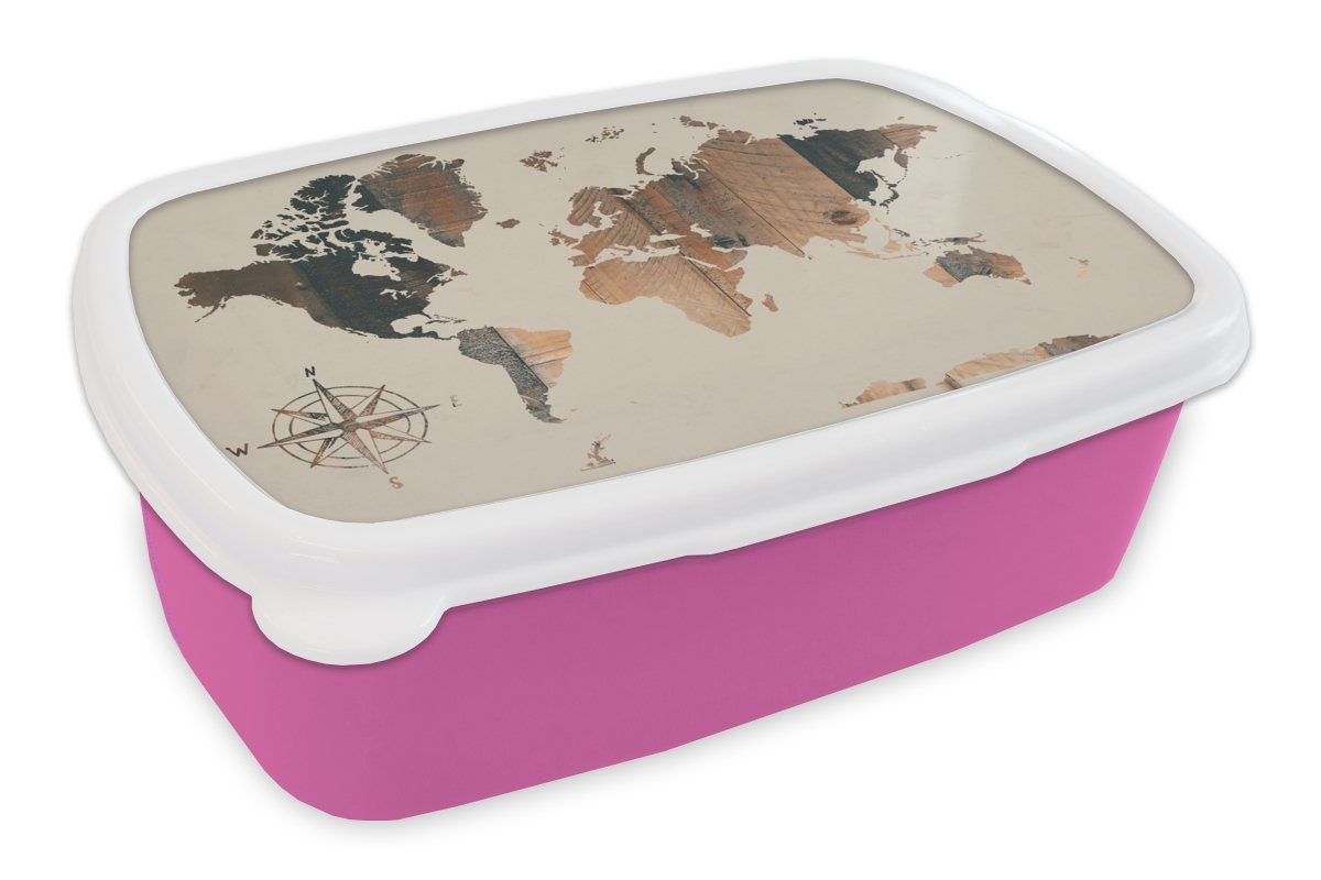 MuchoWow Lunchbox Weltkarte - Holzbrett - Windrose, Kunststoff, (2-tlg), Brotbox für Erwachsene, Brotdose Kinder, Snackbox, Mädchen, Kunststoff rosa