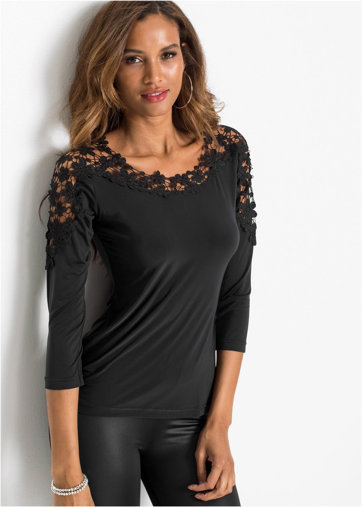 bonprix T-Shirt Shirt mit Häkeleinsatz und 3/4 Arm, Rundhalsauschnitt günstig online kaufen