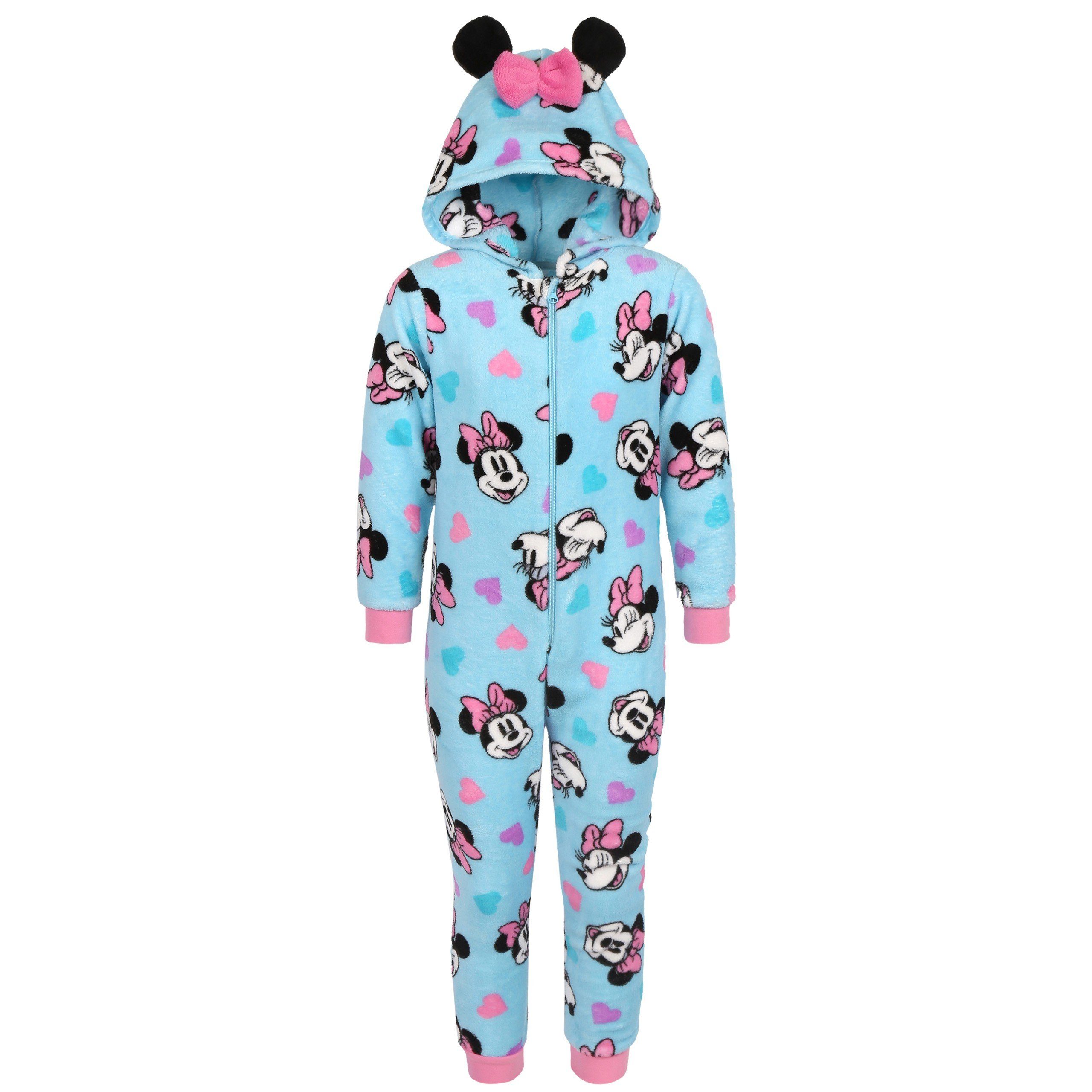 Schlafanzug Minnie Maus Disney - Kinder Fleece-Einteiler mit Kapuze, 5-6 Jahre