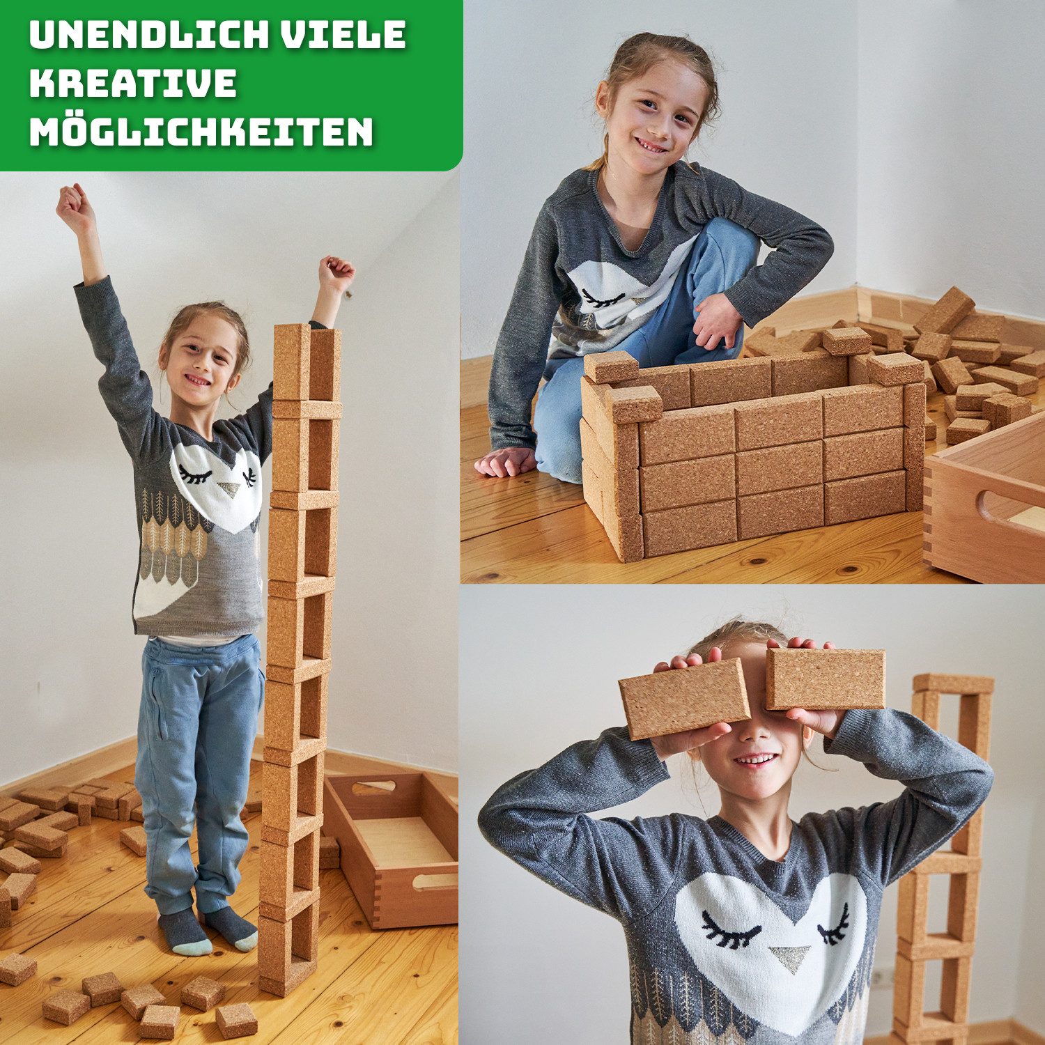 KOKA Großes Natur-Kork Baustein-Set KoBaKi 76 Bau-Klötze Spielbauklötze, (Set, 76 St., Korksteine mit Holzkasten), Bau-Steine Spiel-Set in Holz-Kiste Kork Bauklötze Öko Chemikalien frei