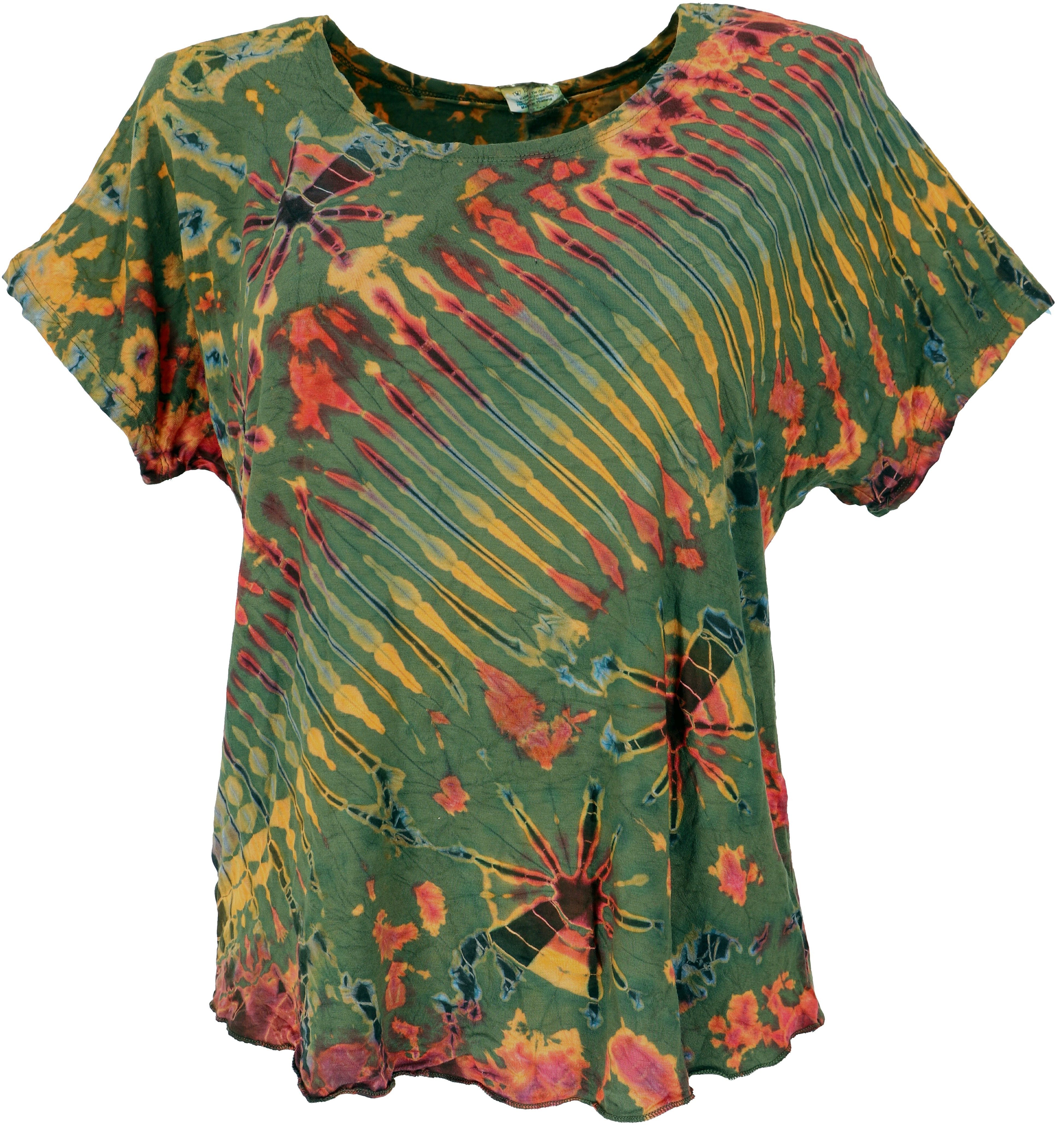 Guru-Shop T-Shirt Batik T-Shirt, Tie Dye Блузкиtop - olivgrün Festival, Ethno Style, Hippie, alternative Одежда