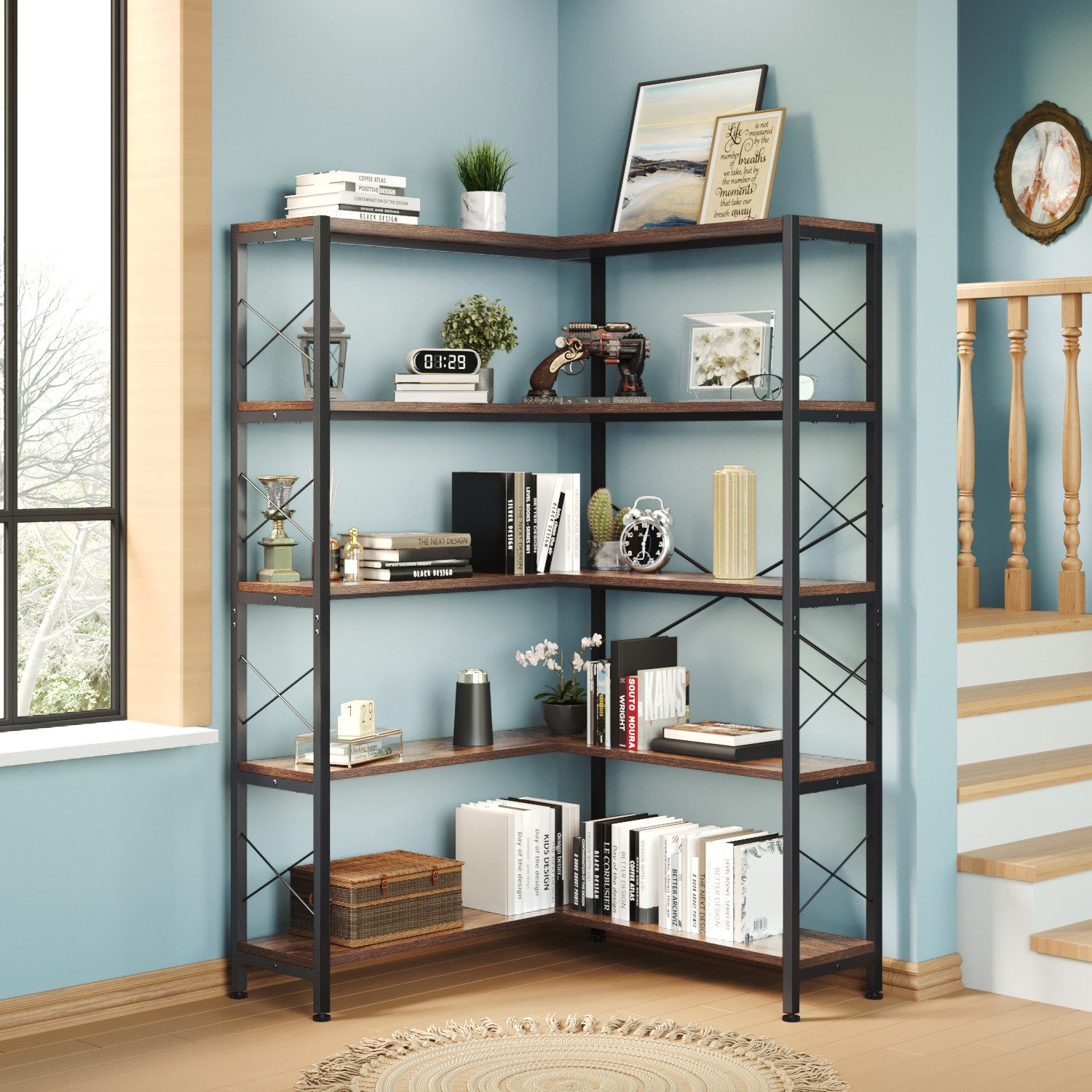 Wildhome Bücherregal 5-Regal Etagere mit Metallrahmen, Offene Lagerung, 1-tlg., Ecke-Schrank für Wohnzimmer & Home Office