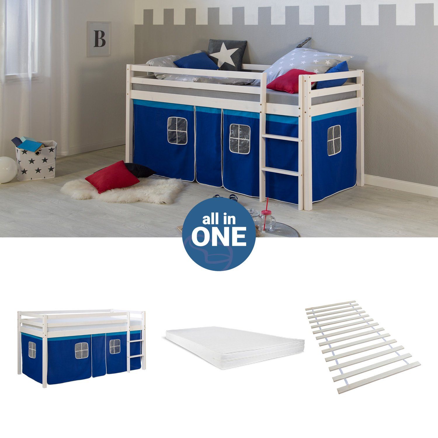 Homestyle4u Hochbett Kinderbett Matratze Rutsche Turm Blau Tunnel