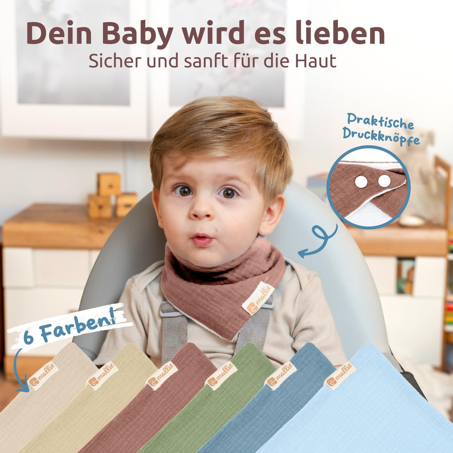 Mallie Lätzchen Musselin Lätzchen Baby im 6er oder 8er Set, (Als Bibs, Dreieckstuch Baby, Baby Lätzchen -, 6-St., Musselin Halstuch Baby, Musselintücher Baby und Babylätzchen), Sabberlätzchen Baby Halstücher Baby