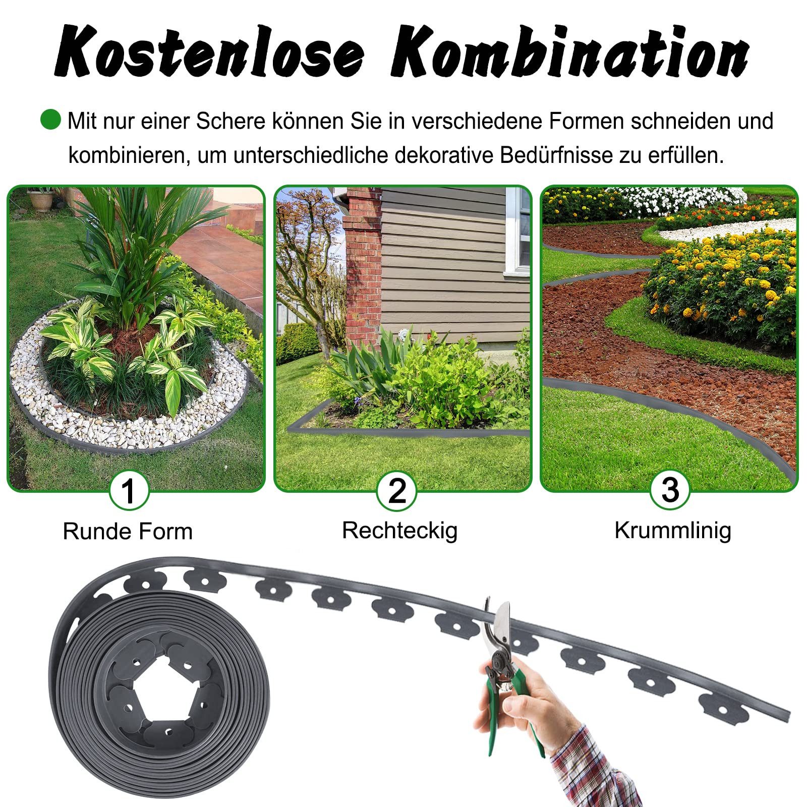 FIVMEN Beetumrandung Rasenkante Kunststoff 20m Flexible mit 60 Befestigungsnägeln, Beeteinfassung, Schwarz/Grau/Grün – Bild 4 von 5