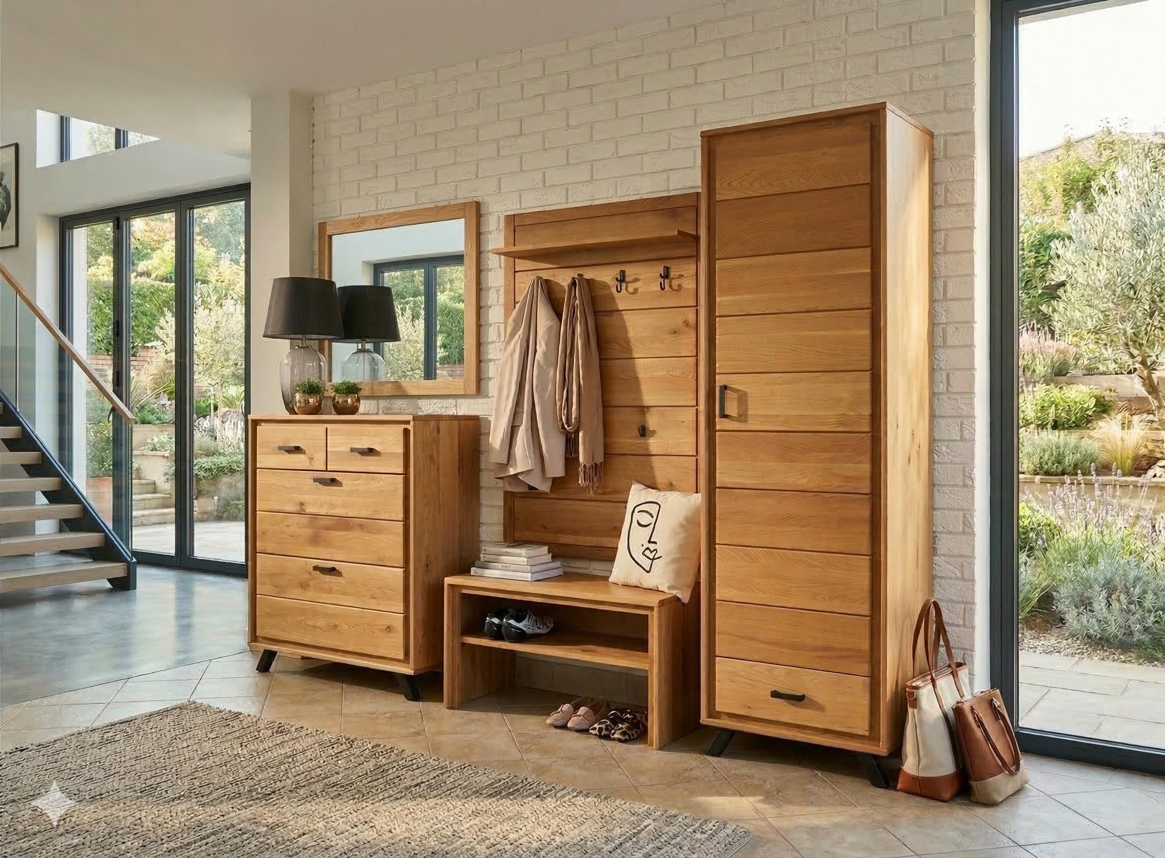 Trendmöbel24 Garderoben-Set Garderoben Set Genf I Wildeiche Massivholz geölt 5-teilig, (Komplett-Set, 5-St., Schuhschrank, Dielenschrank, Bank, Garderobenpaneel, Spiegel)