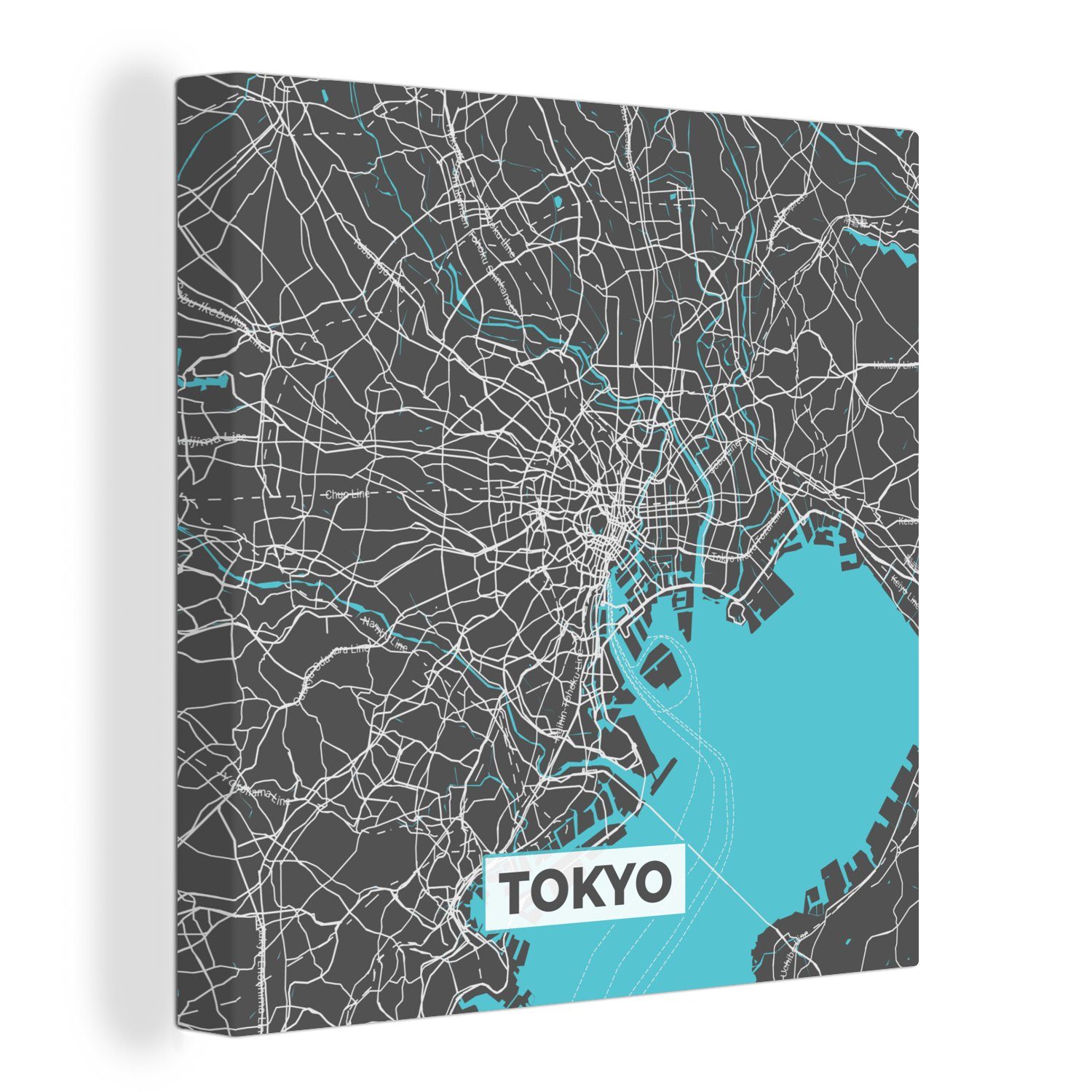 OneMillionCanvasses® Leinwandbild Tokio - Blau - Stadtplan - Karte, (1 St), Leinwand Bilder für Wohnzimmer Schlafzimmer