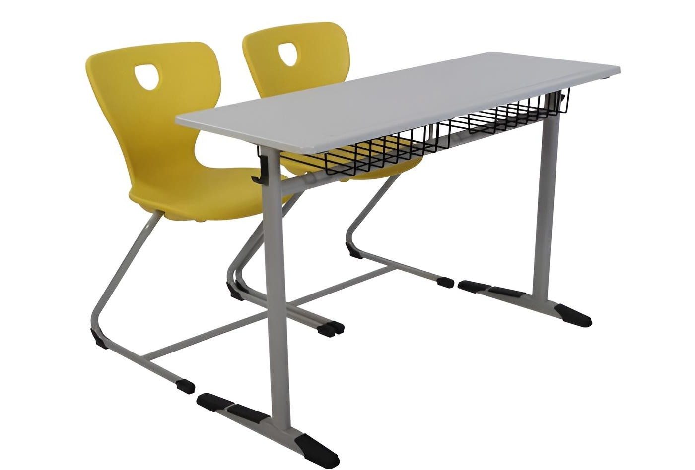 Xlmoebel Schreibtisch Ergonomisches Schulset in Grau mit gelbem Doppelsitzstuhl (Schulset, 3-St., Schulset Grau mit Gelb), Made in Europa