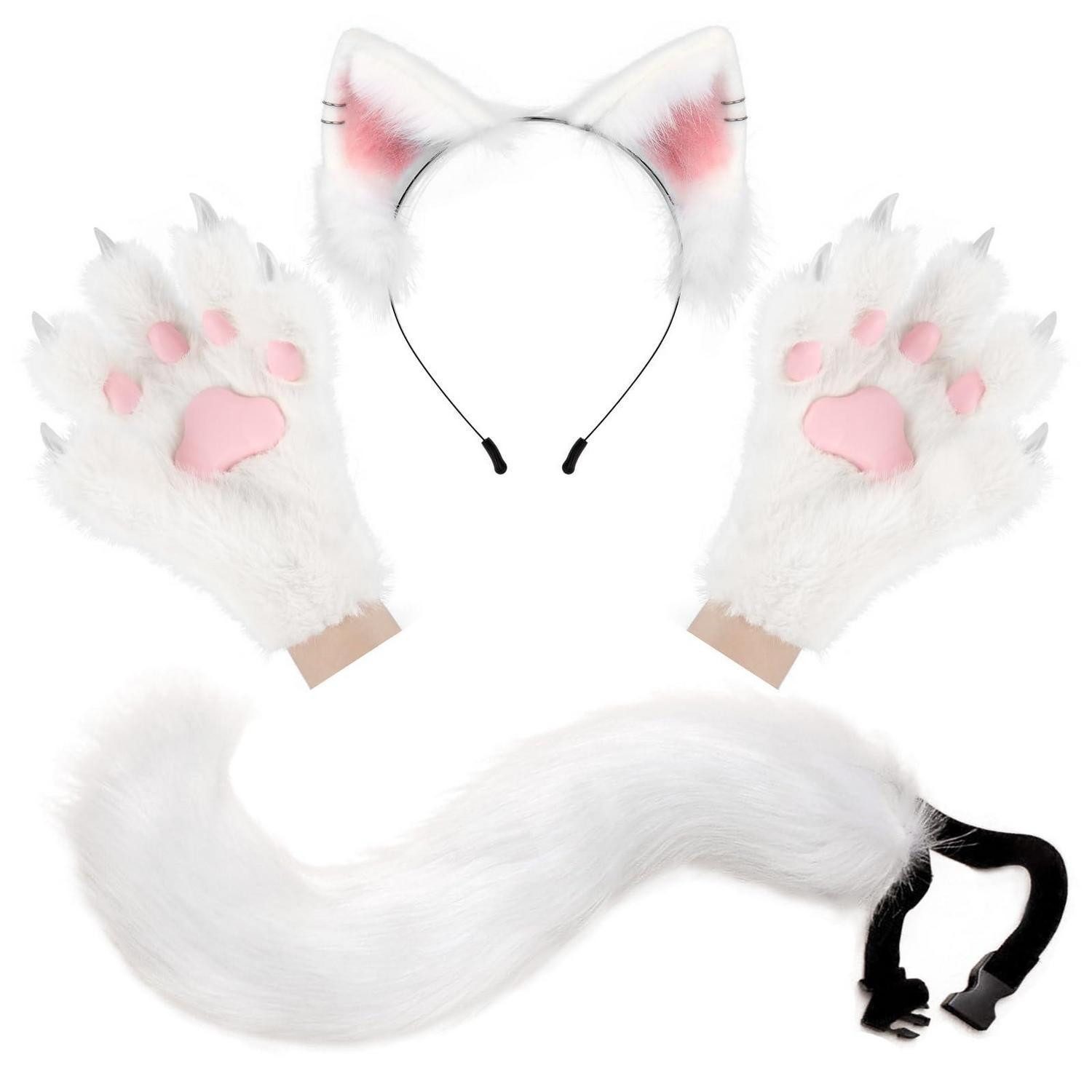 LuxusKollektion Abendhandschuhe Kostüm-Accessoire Set Flauschige Ohren Schwanz Pfoten Weiß (1-St)