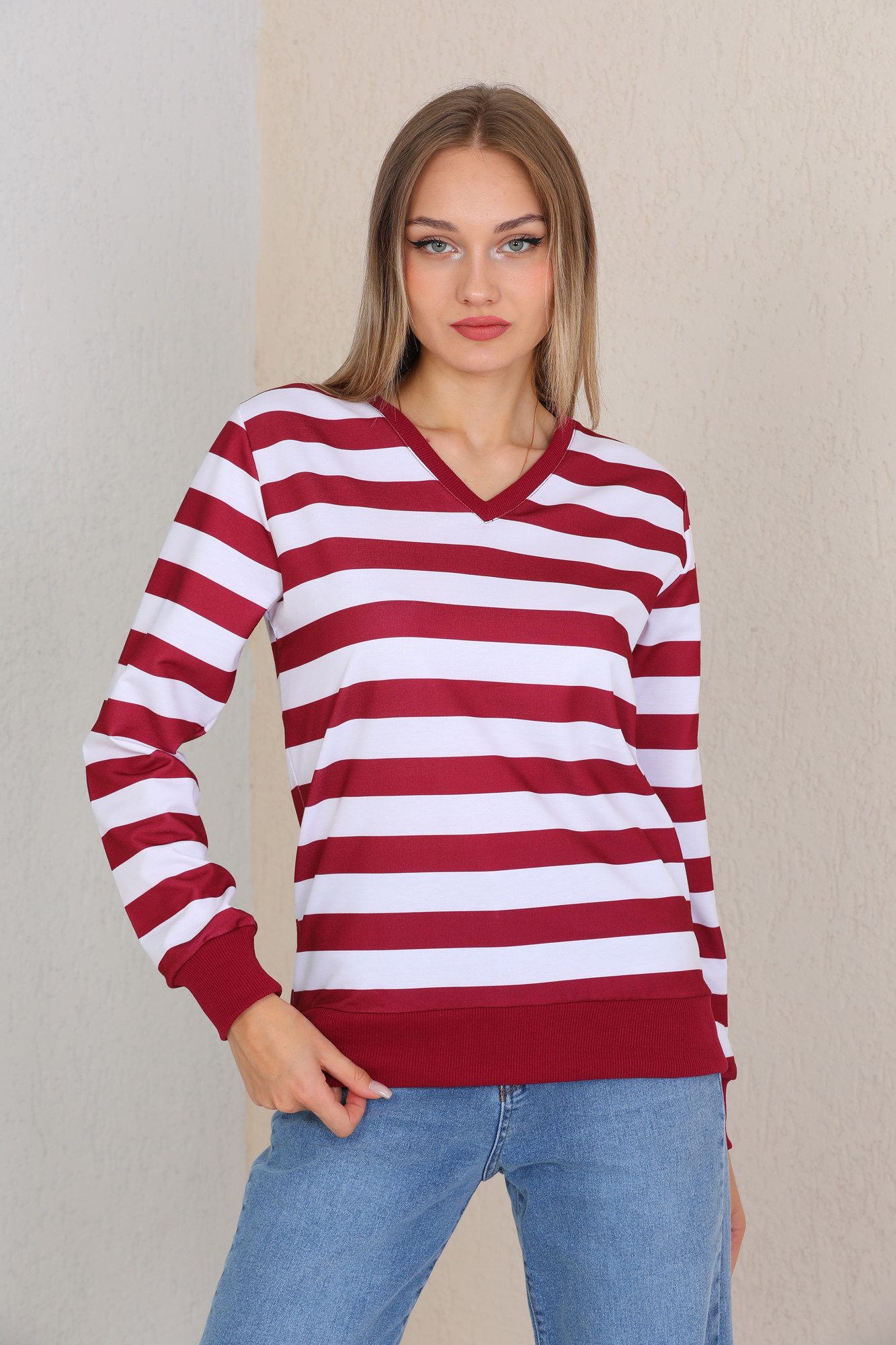 Bongual Sweatshirt langarm Streifen V-Ausschnitt Longsleeve