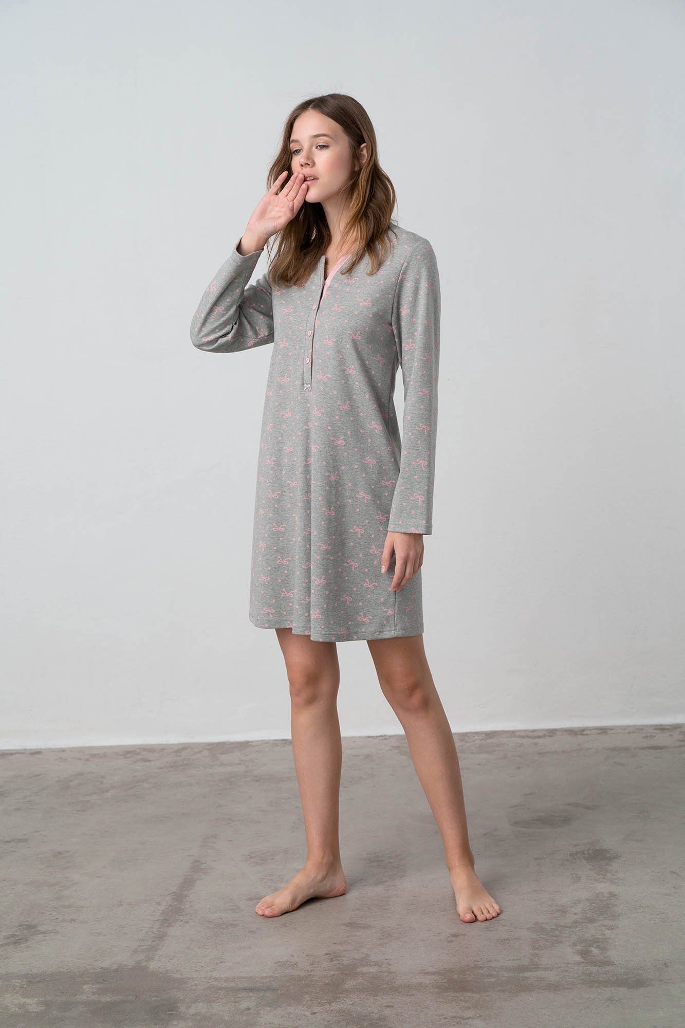 Vamp Nachthemd (Set, 1-tlg., 1-teilig) Damen Sleepshirt 90cm lang geknöpft Baumwolle Langarm
