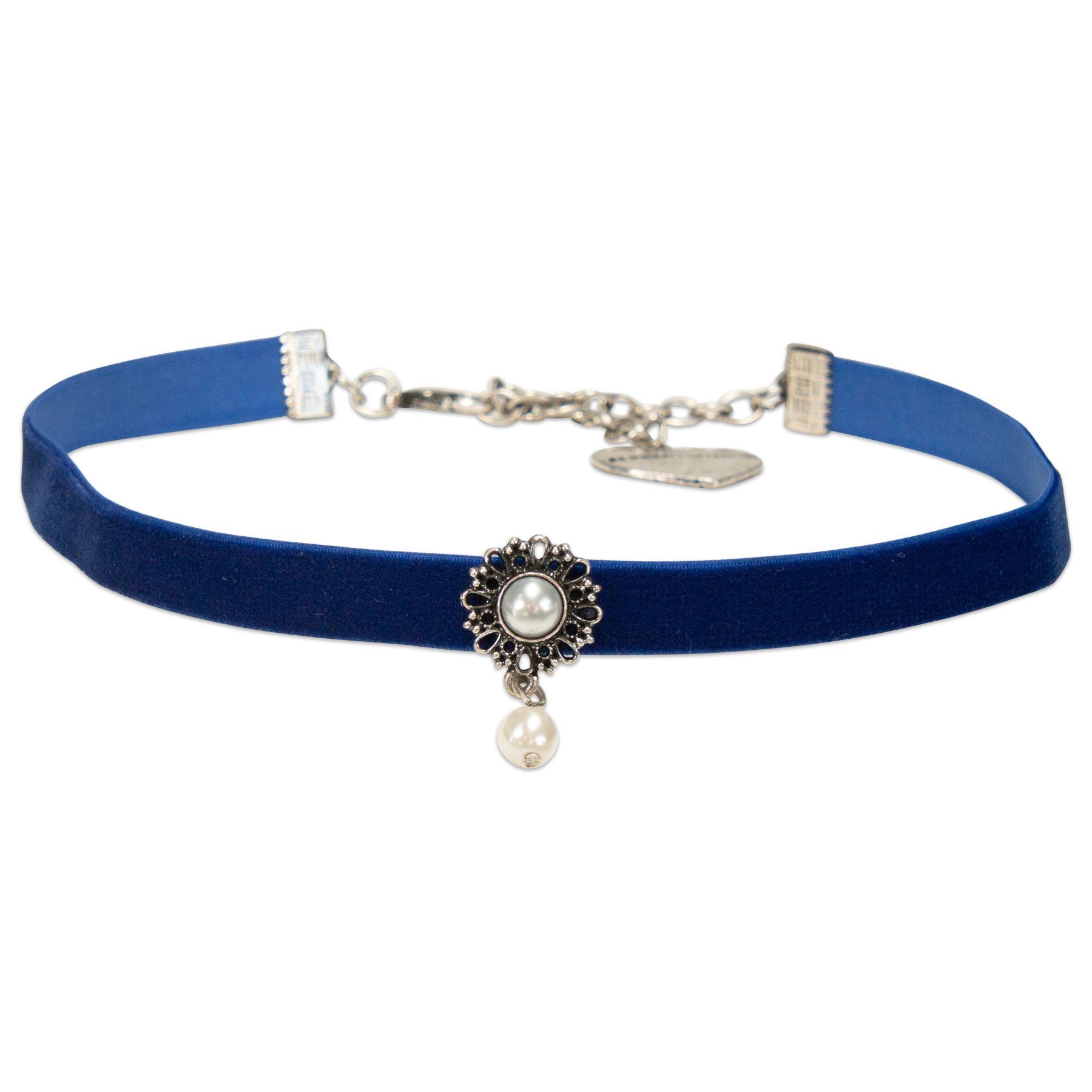 Alpenflüstern Choker Trachten-Samt-Kropfband Helena (blau), - nostalgische Trachtenkette enganliegend, Kropfkette elastisch, Damen-Trachtenschmuck, Samtkropfband schmal