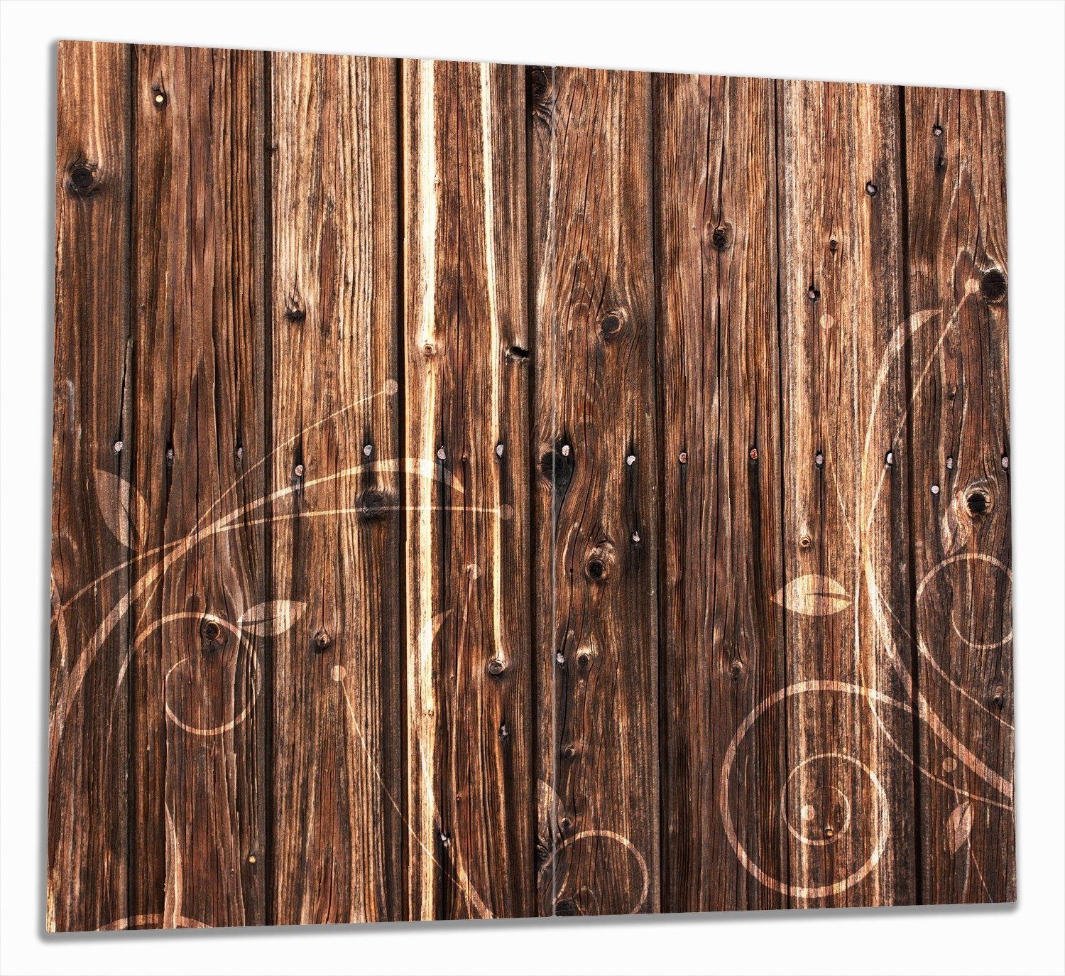 Wallario Herd-Abdeckplatte Holz in dunkelbraun mit Blumenmuster - Schnörkel, ESG-Sicherheitsglas, (Glasplatte, 2 tlg., inkl. 5mm Noppen), verschiedene Größen