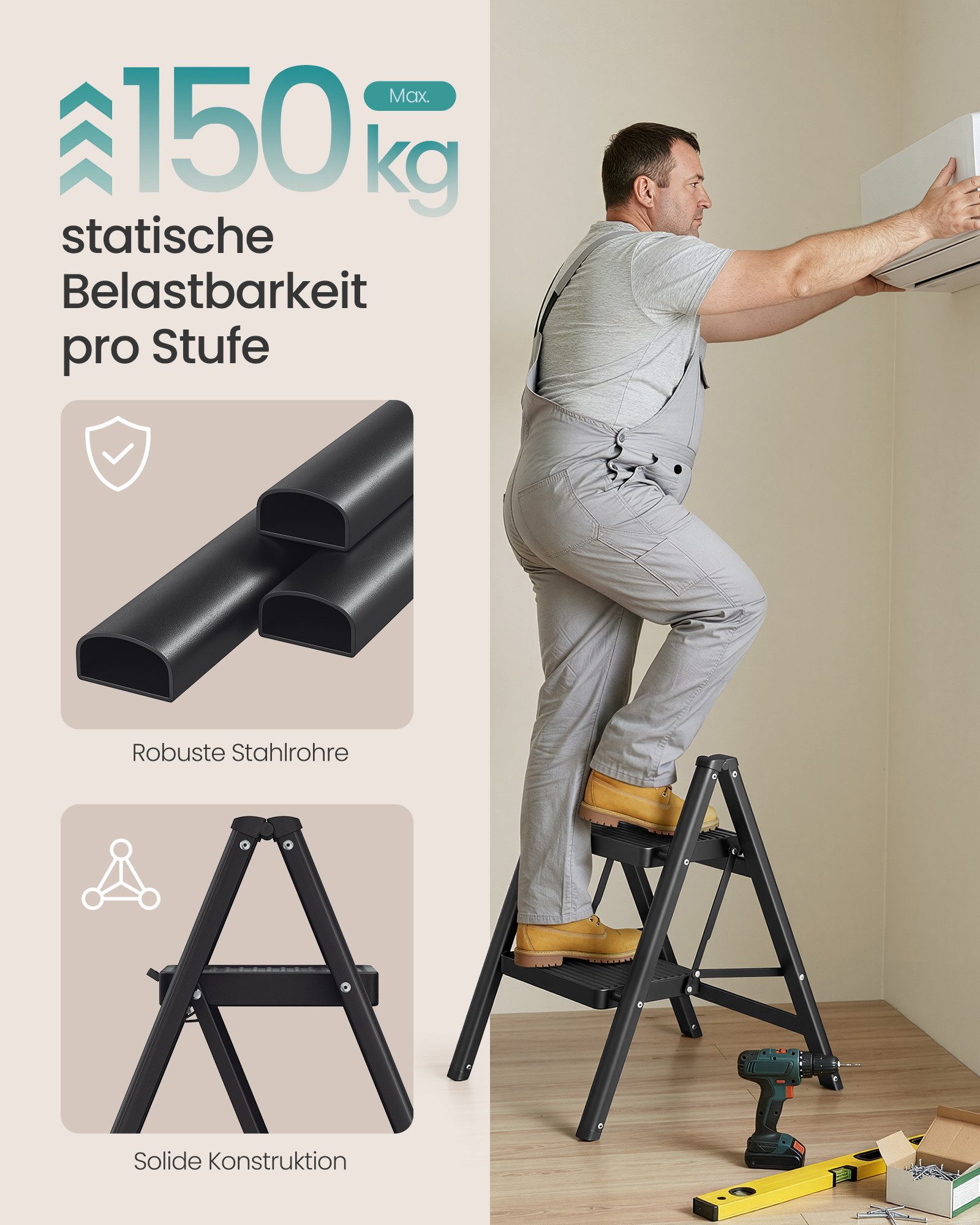 SONGMICS Trittleiter Tritthocker klappbar, Klappleiter 2/3 stufen, bis 150 kg belastbar