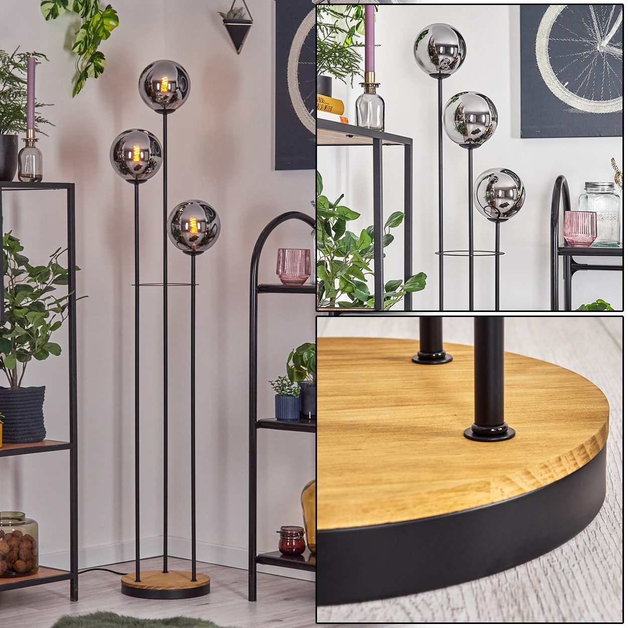 hofstein Stehlampe Stehlampe aus Metall/Holz/Glas in Schwarz/Natur/Chrom-/Rauchfarben, ohne Leuchtmittel, Stehleuchte im Retro-Design m. Glasschirmen (15cm), Fußschalter, E14