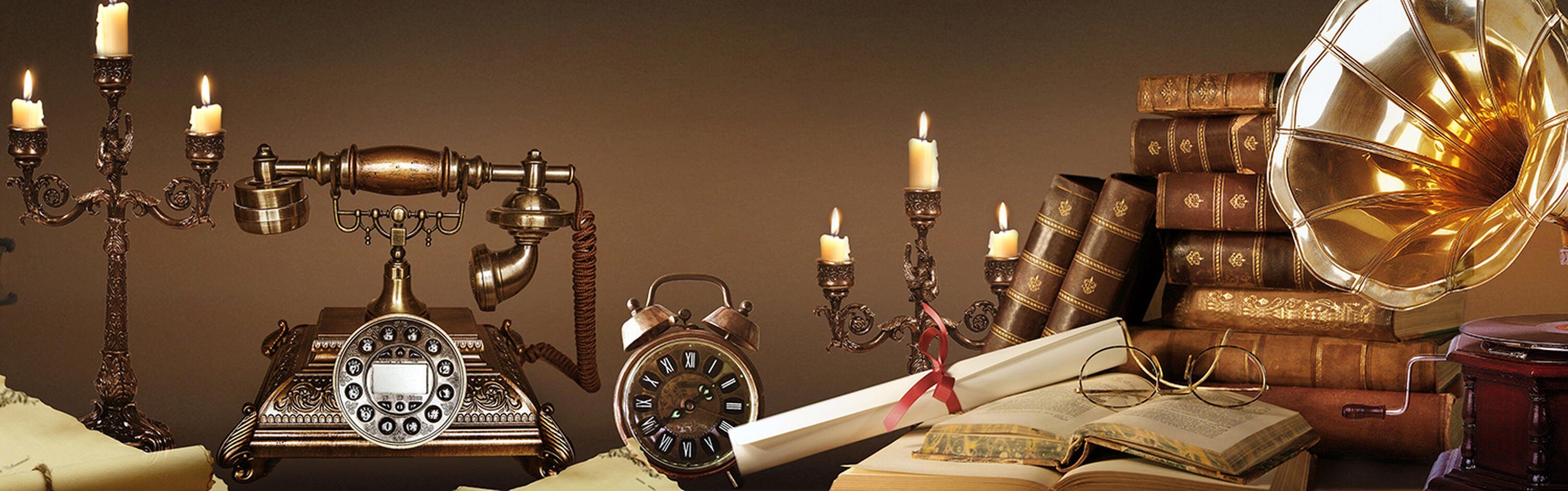 wandmotiv24 Küchenrückwand Telefon Grammophon alt (1-tlg), Premium Größen Hartschaum in Nischenrückwand Bücher Kerzenstän, versch