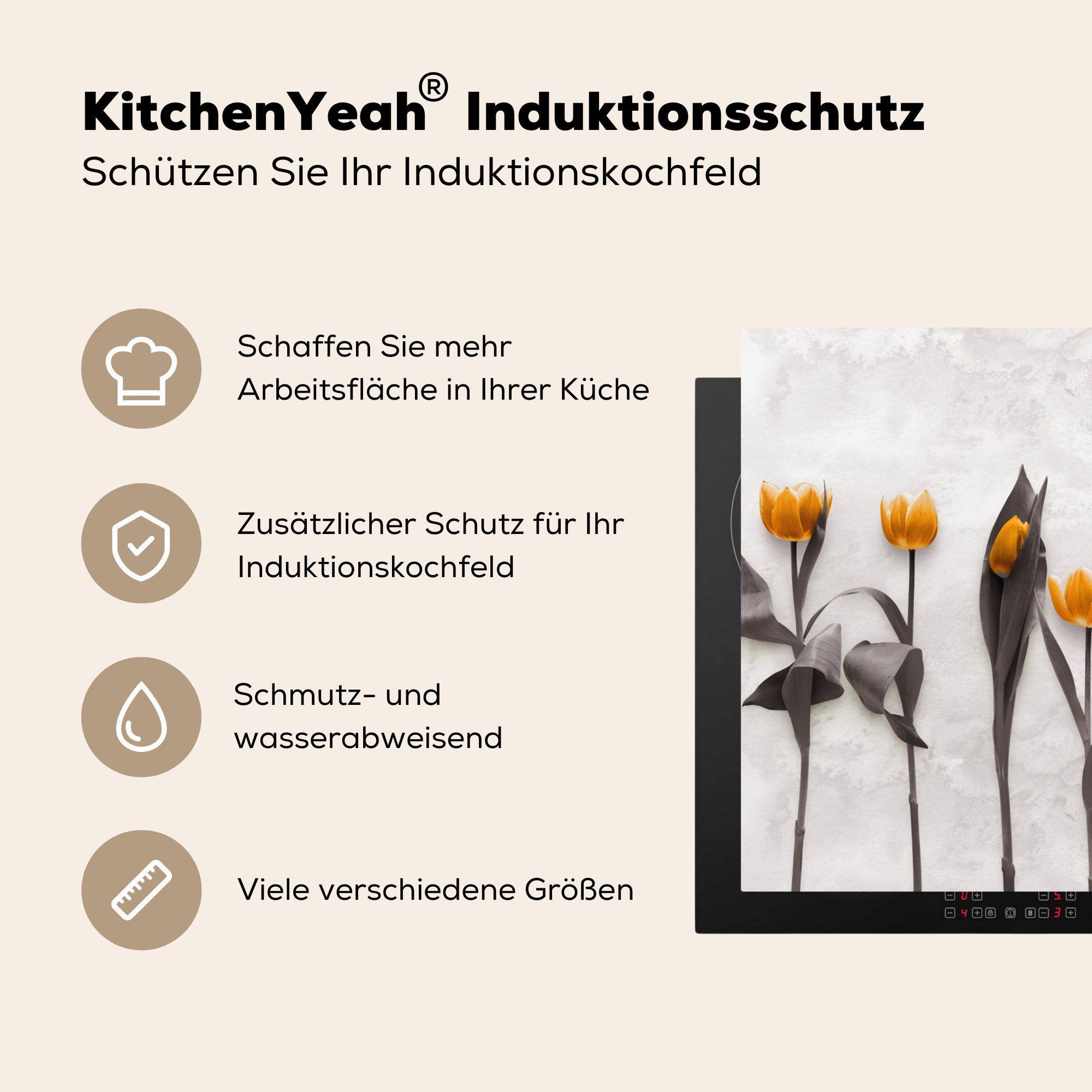 küche, Herdblende-/Abdeckplatte die 81x52 cm, (1 Tulpen Schutz Induktionskochfeld Marmor, Blumen tlg), für Ceranfeldabdeckung - MuchoWow - Vinyl,