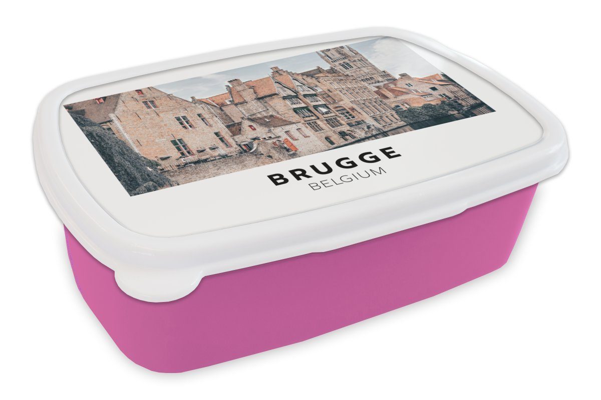 MuchoWow Lunchbox Belgien - Brügge - Haus, Kunststoff, (2-tlg), Brotbox für Erwachsene, Brotdose Kinder, Snackbox, Mädchen, Kunststoff rosa