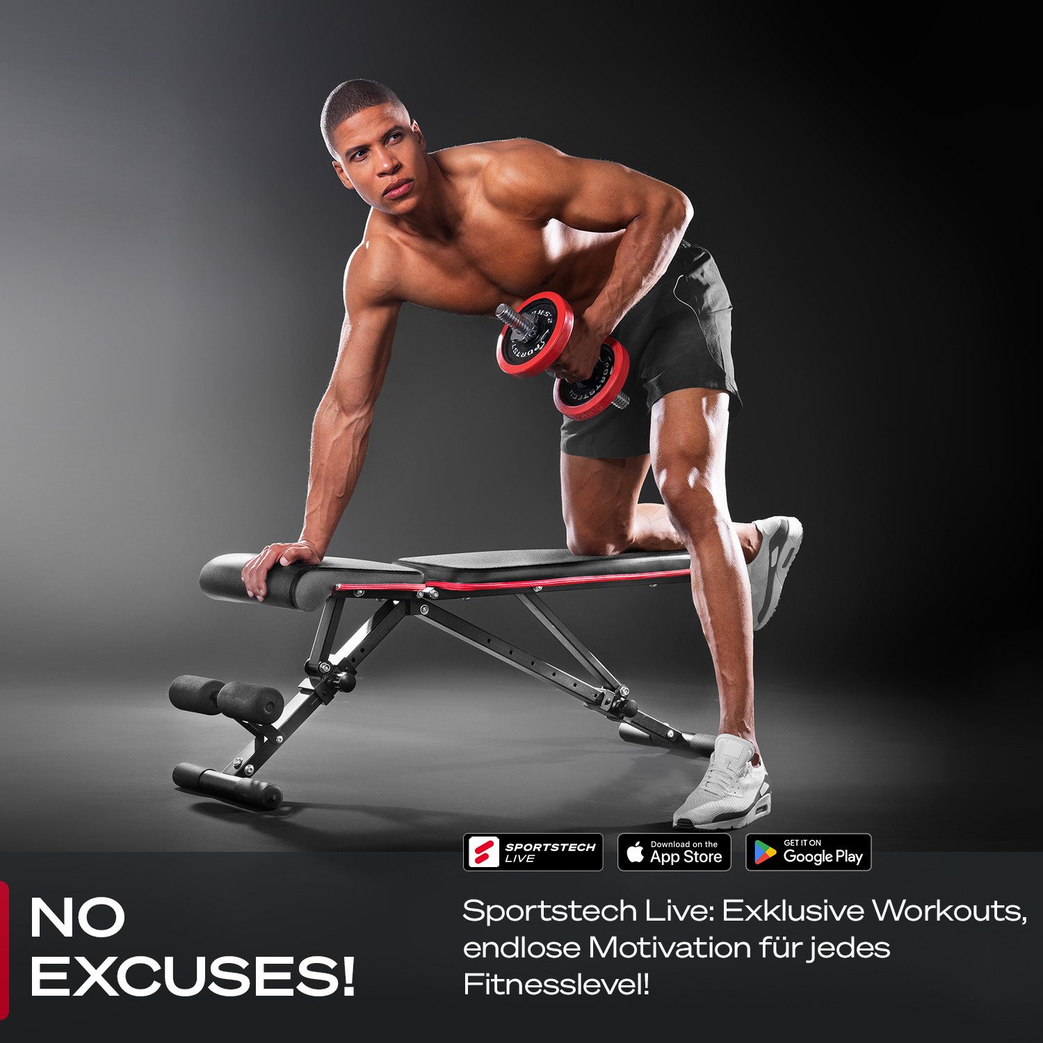 Sportstech Hantelbank BRT400, Klappbar, 40+ Trainingskombis, Vollmontiert