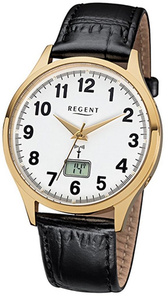 Regent Funkuhr Regent Herren-Armbanduhr schwarz Analog, Herren Funkuhr  rund, groß (ca. 40mm), Lederarmband